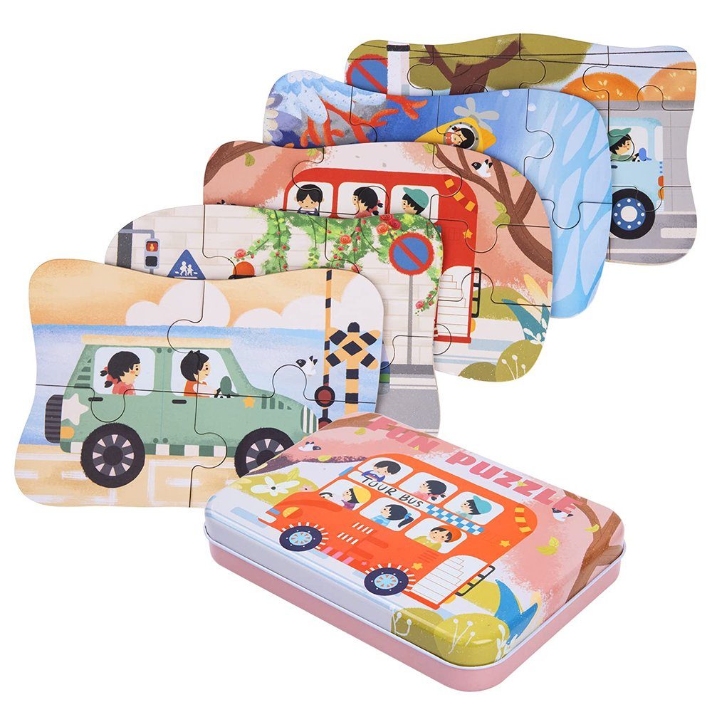 Rahmenpuzzle und Juoungle Puzzleteile Bunt(Fahrzeug) Bilds Kinderpuzzle, Jungen für 5 Puzzles, Geeignet Puzzle, Mädchen