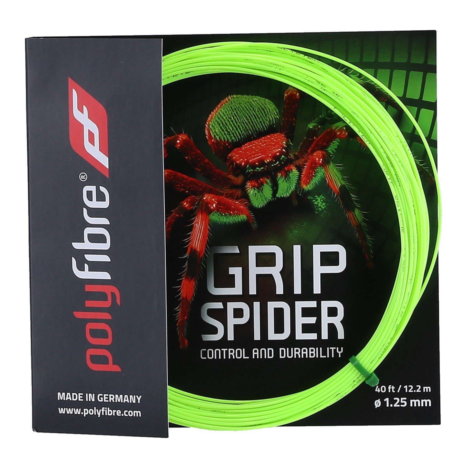 Polyfibre Tennissaite Grip Spider (Haltbarkeit+Kontrolle) limegrün 12m Set, Saitendicke: 1.15