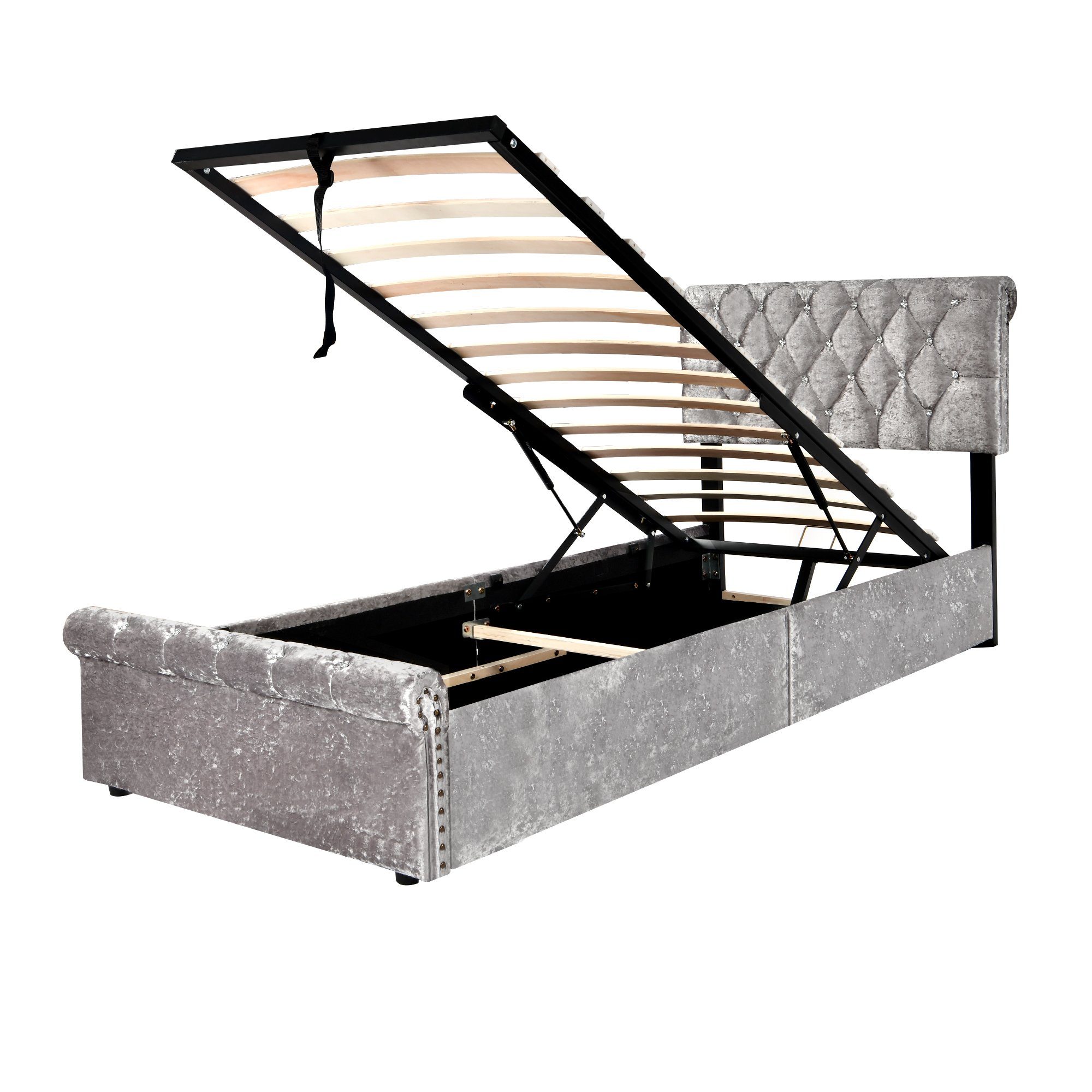 Boxspringbett (Einzelbett 90 x 200 cm, Polsterbett mit kristall schnalle, Lattenrost und Bettkasten), Hydraulisches Bett Funktionsbett mit höhenverstellbar Kopfteil, Samt
