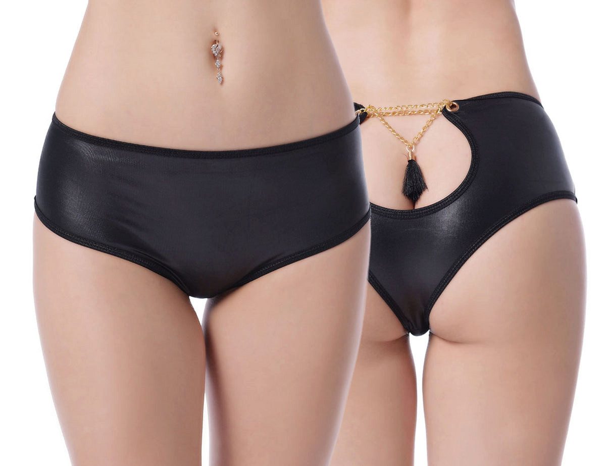 Lau-Fashion Slip Wetlook Mini Panty Kette Lack Look Offen Dessous Gogo Shorts S/M