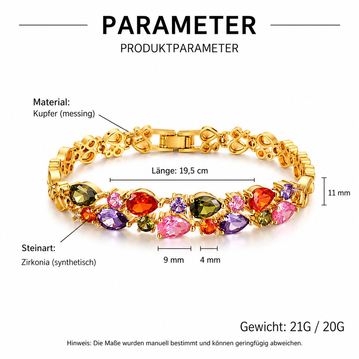 RAIKOU Collier Damen Zirkonia Schmuckset, Halskette /Armband, gold/silberfarben, Farbige Zirkonia-Steine – Bild 5 von 5