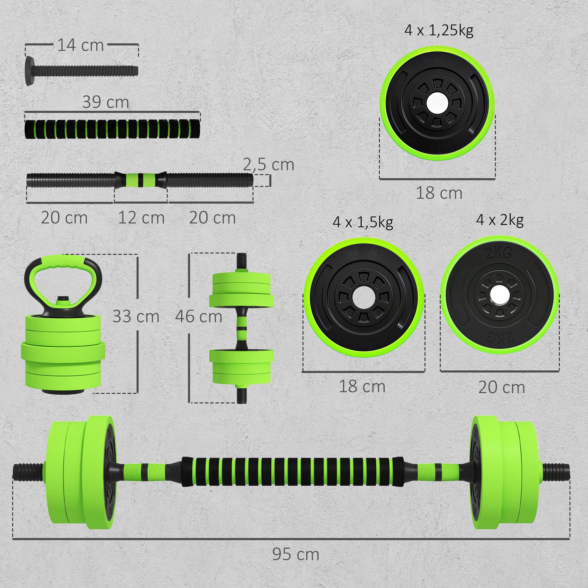 SPORTNOW Hantel-Set Kettlebell, Liegestützgriffe, (20 kg verstellbare Kurzhantel, 4 in 1 Langhantel), für Zuhause Fitness