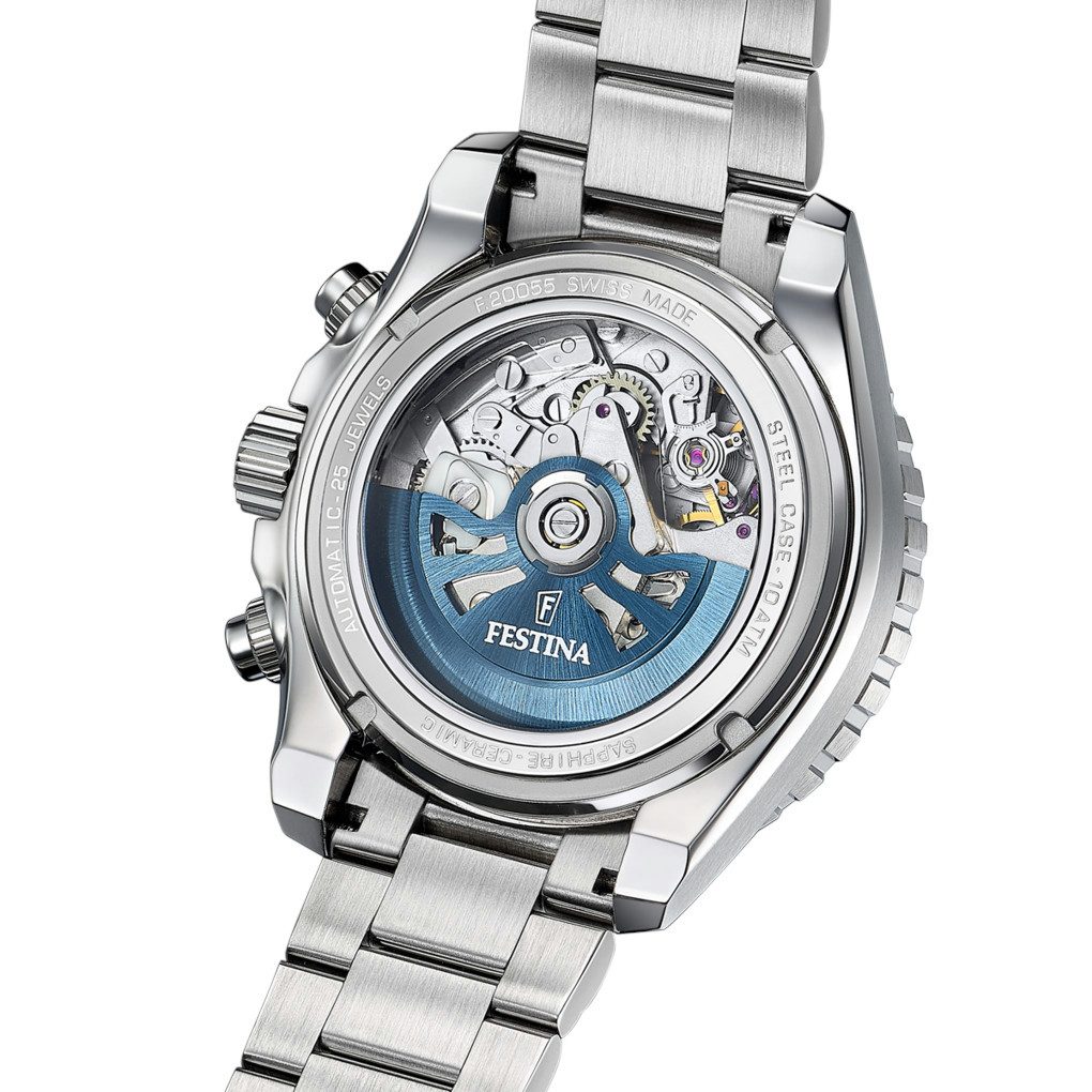 Festina Automatikuhr Chronograph – Swiss Made Automatik mit schwarzem Zifferblatt, F20055/4, Edelstahlband, 45,8 mm, sehr hochwertiges Uhrwerk, 10 Bar wasserdicht