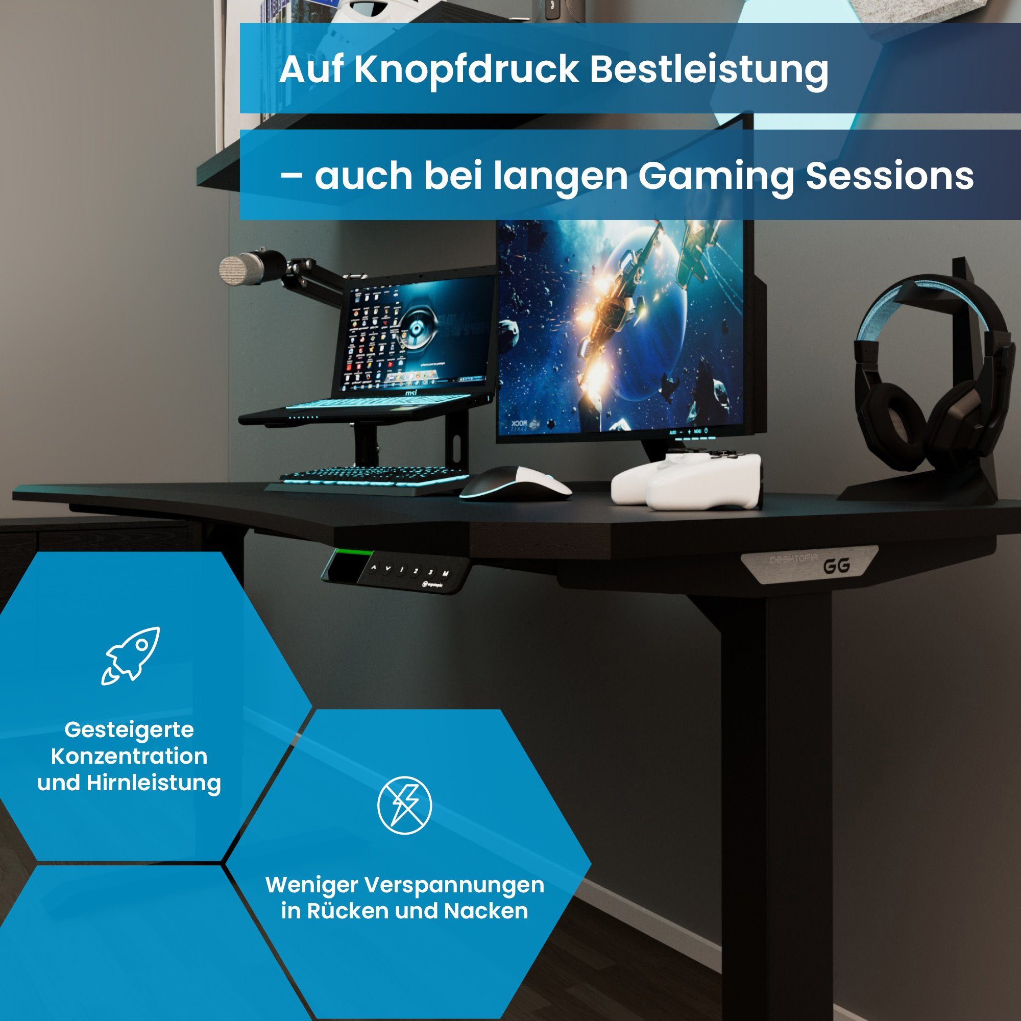 Ergotopia Gamingtisch Desktopia GG Setup), Midnight Elektrisch Gaming 7 Schwarz Premium Jahre Garantie höhenverstellbarer ergonomisches Schreibtisch als (Gaming | Tisch Gaming Curved Black