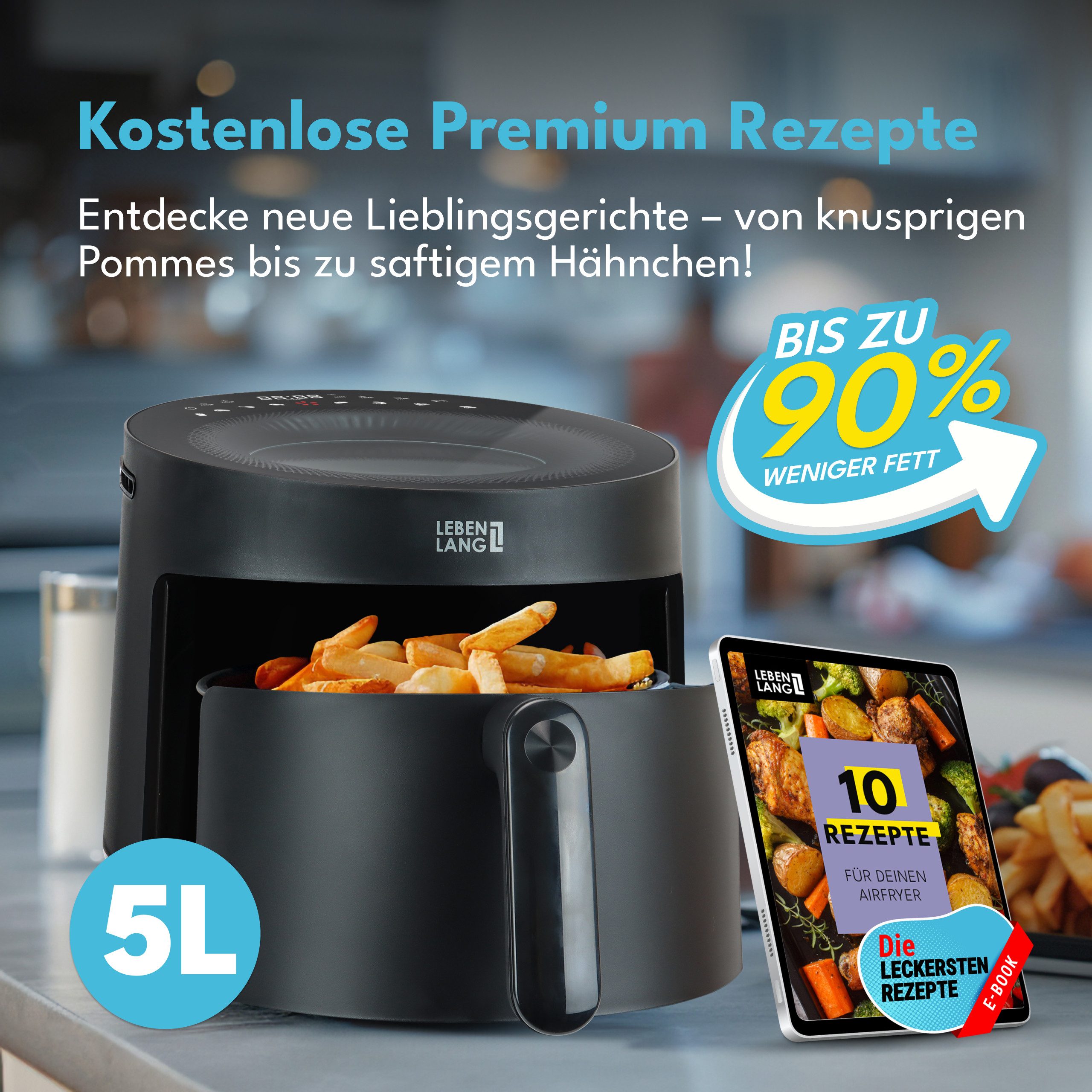Lebenlang Heißluftfritteuse Airfryer 5L & 8 Programme, Ohne Fett&Öl, Für die ganze Familie, 1500 W, 8 Modi, 5 L Volumen, Sichtfenster und intuitives Touch-Bedienfeld