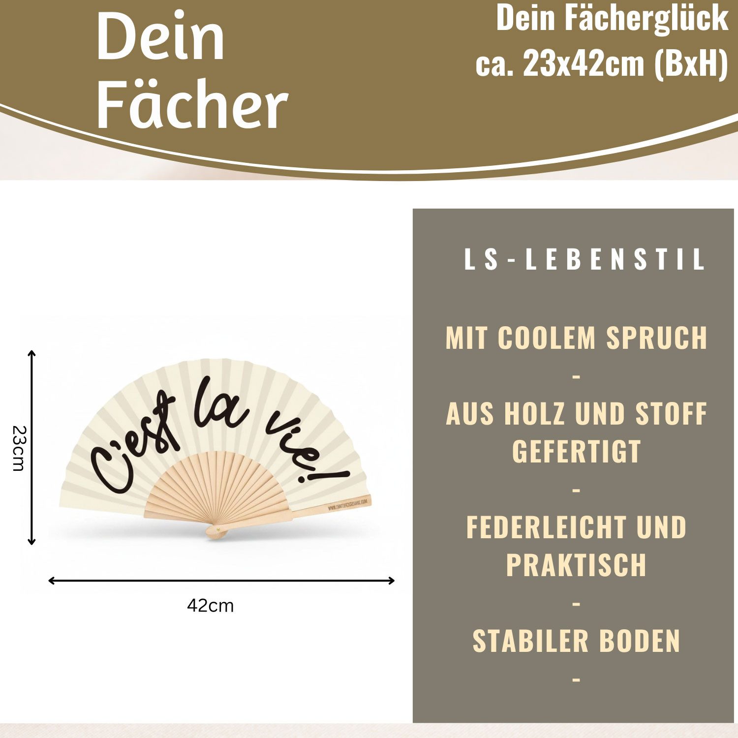 LS-LebenStil Handfächer Holz Stoff Fächer "C´est la Vie" Weiß Schwarz faltbar Faltfächer, (hochwertig aus Holz mit Stoff und coolem lustigem Spruch, 1-tlg., Sty – Bild 2 von 5