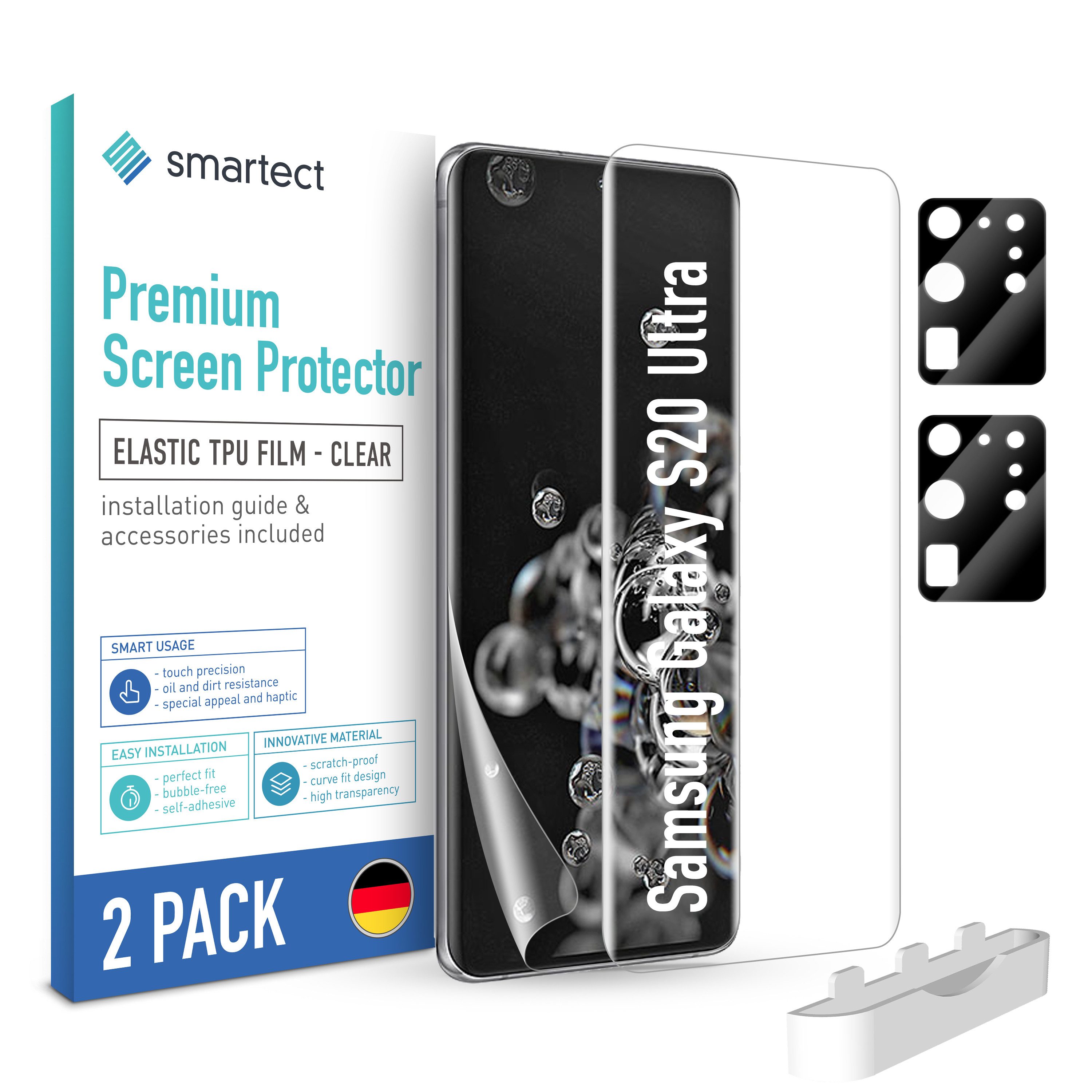smartect Displayschutzfolie TPU Schutzfolie Klar für Samsung Galaxy S20 Ultra, Set, 2 Stück, (Display + Kamera) Panzerfolie Displayfolie