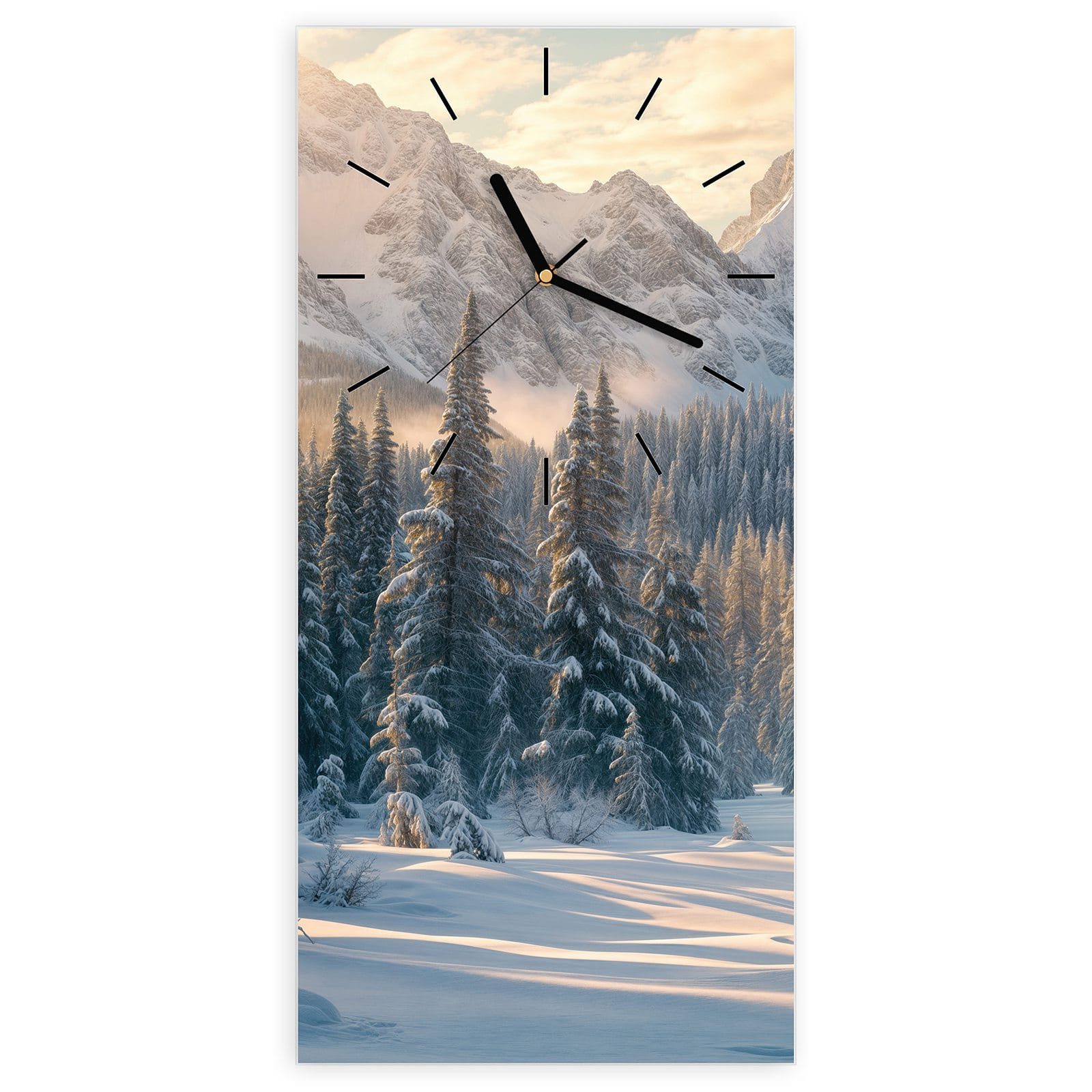 Wanduhr Glasuhr Wandkunst Größe 30 x 60 cm mit Motiv Winterlandschaft