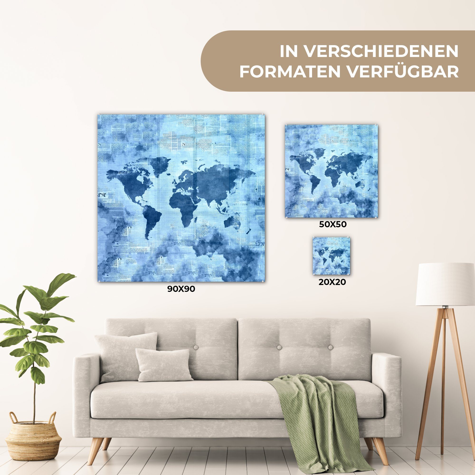 - Weltkarte Wandbild - Foto - Blau, Glasbilder - Acrylglasbild (1 auf MuchoWow St), Glas Bilder Glas Wanddekoration Abstrakt - auf