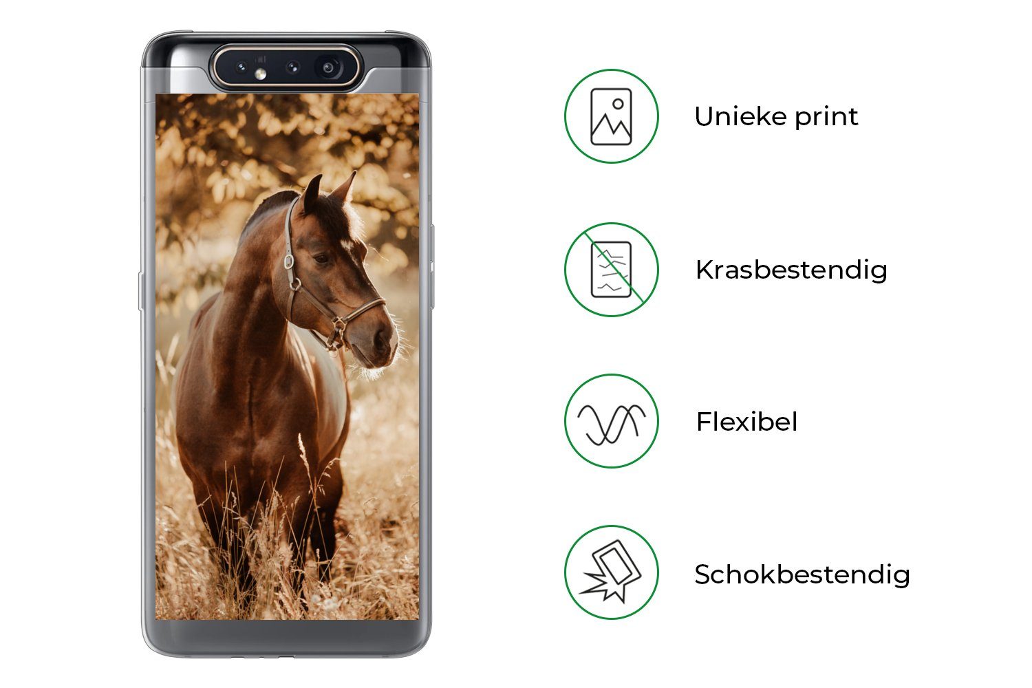 MuchoWow Handyhülle für Samsung Galaxy A80 Pferd - Sonne - Porträt - Natur - Braun, Phone Case, Silikon, Schutzhülle Dünn