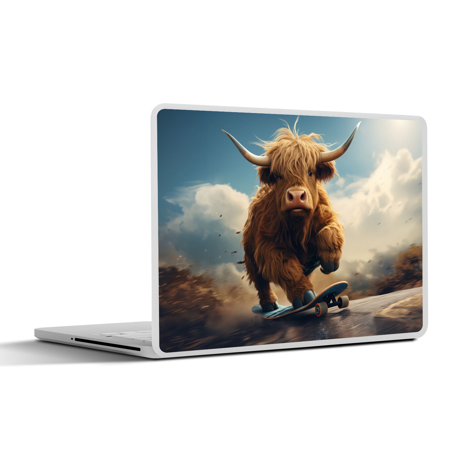 MuchoWow Laptop-Aufkleber Schottischer Hochländer - Hörner - Skateboard, (1tlg), Aufkleber Geeignet für Laptops, Schutz vor Kratzern, Sticker, 30x22 cm