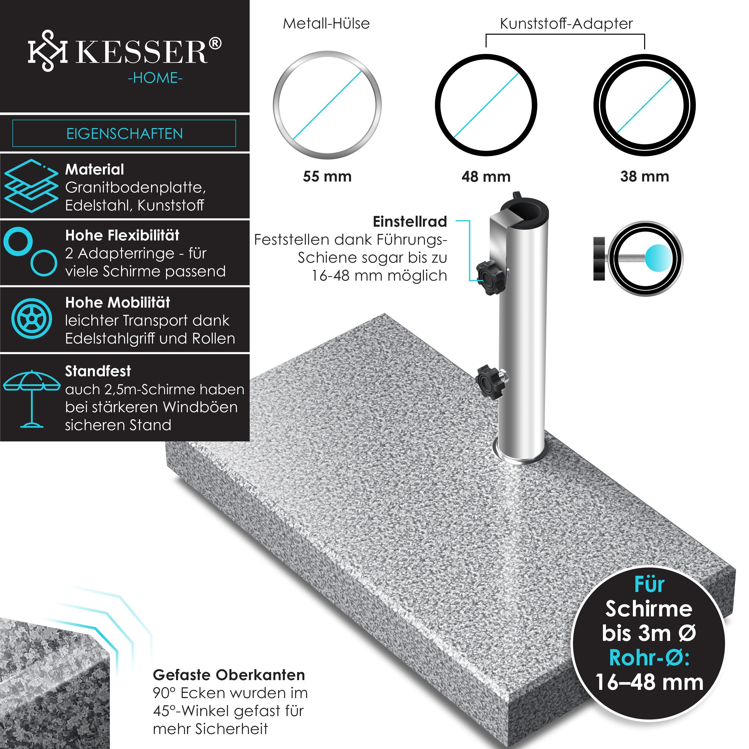 KESSER Kunststoffschirmständer, Granit Sonnenschirmständer mit Edelstahlrohr