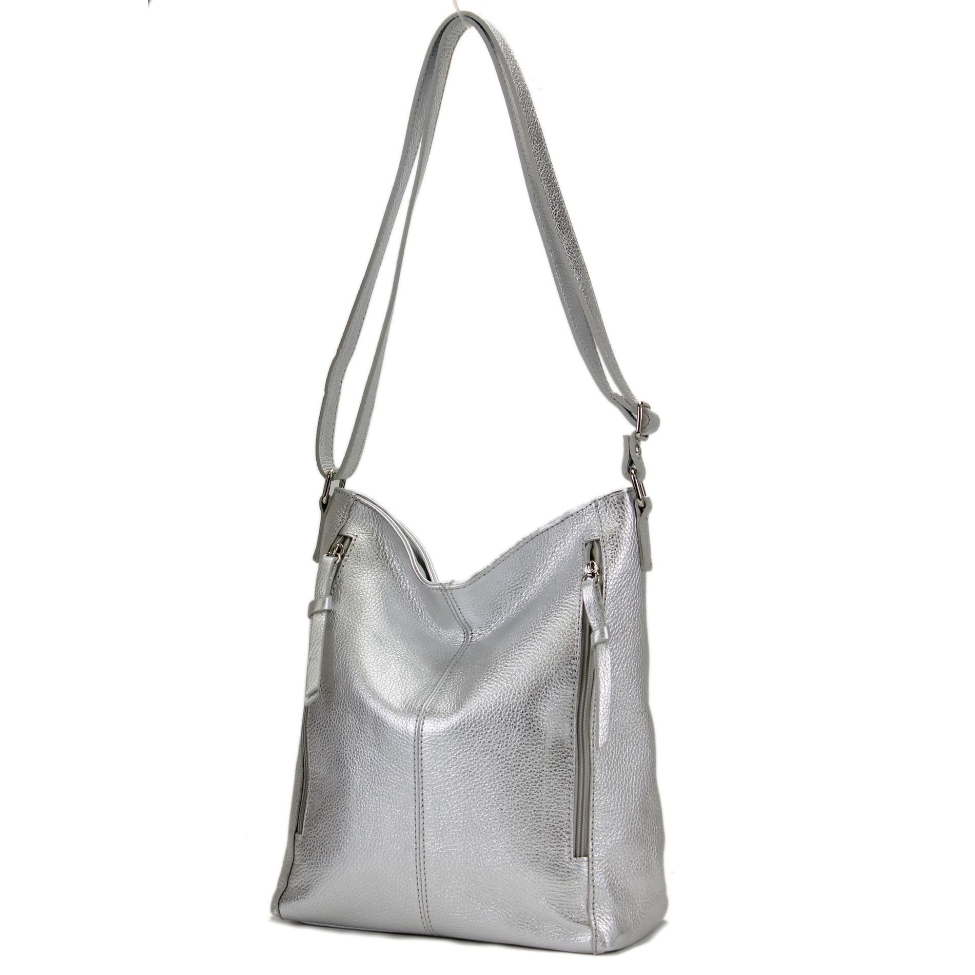 modamoda de Schultertasche T195, Echtleder Handmade in Italy Silber-Metallic