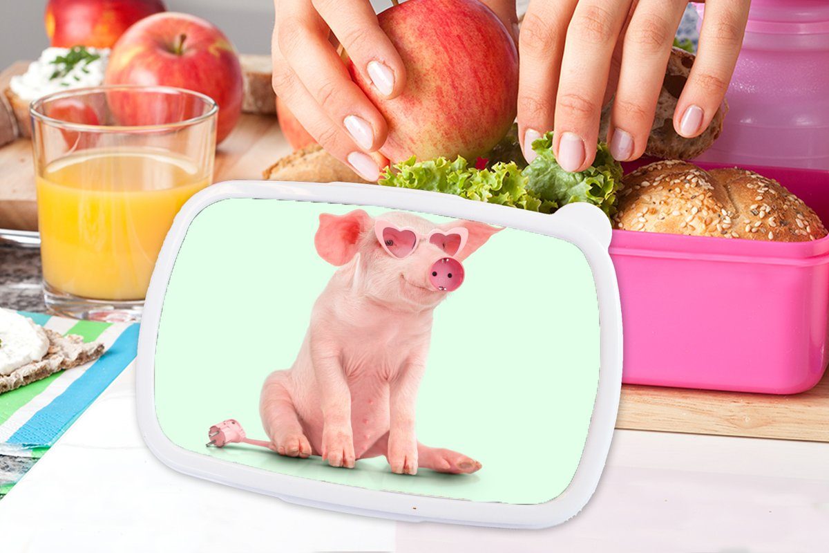 - für Kinder, Brotbox - Erwachsene, Rosa Mädchen, Kunststoff, (2-tlg), - Sockel Snackbox, Kunststoff MuchoWow Schwein Tiere, Lunchbox - Brotdose Brille
