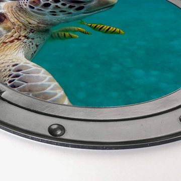 K&L Wall Art Gemälde Metallposter Badezimmer Schildkröte 3D Optik Bullauge Ozean, Metalloptik Wandbild Ø 30cm