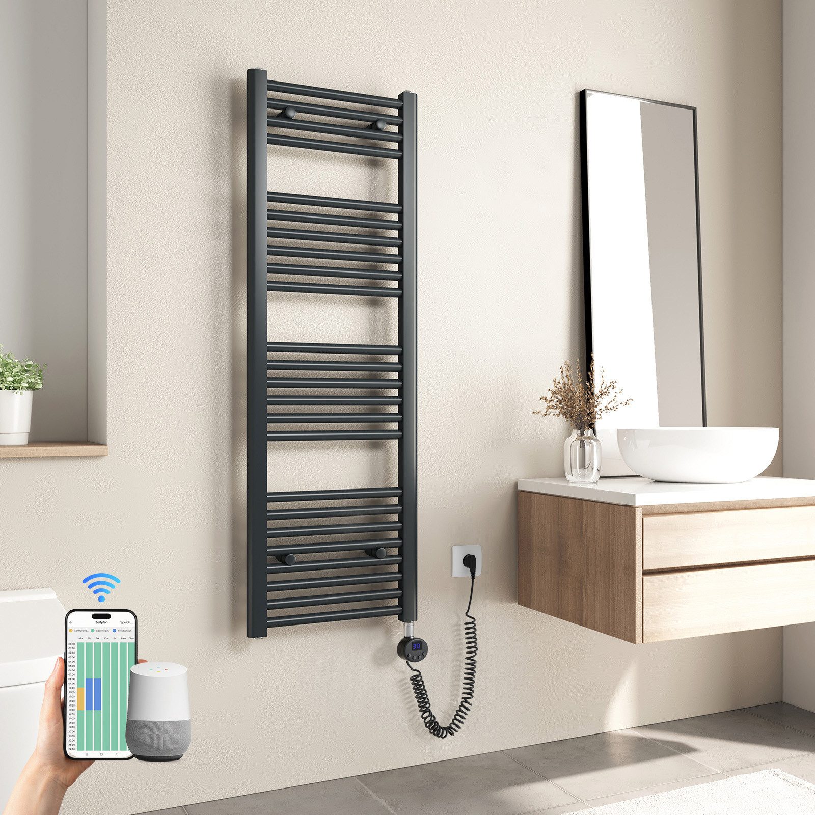 Heilmetz Elektrischer Badheizkörper mit Smart WLAN Thermostat Heizstab, 500W, Intelligente App/Sprachsteuerung, Anthrazit, Geeignet für 5 m²