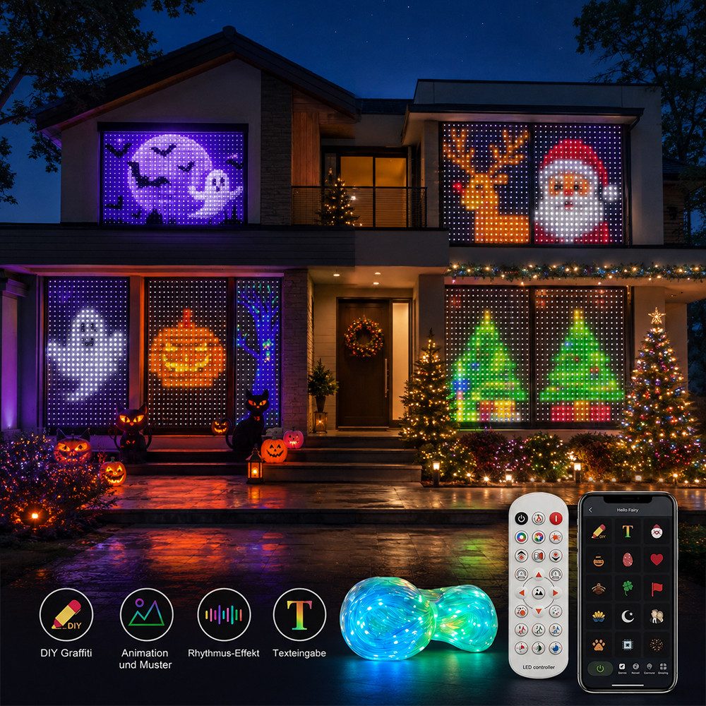 PRIISF LED-Lichtervorhang LED Vorhang RGB Smart Lichterkette Gardine Lichtervorhang Fadenvorhang, LED Vorhangschnur DIY Lichtmuster für Weihnachten Halloween Party Deko
