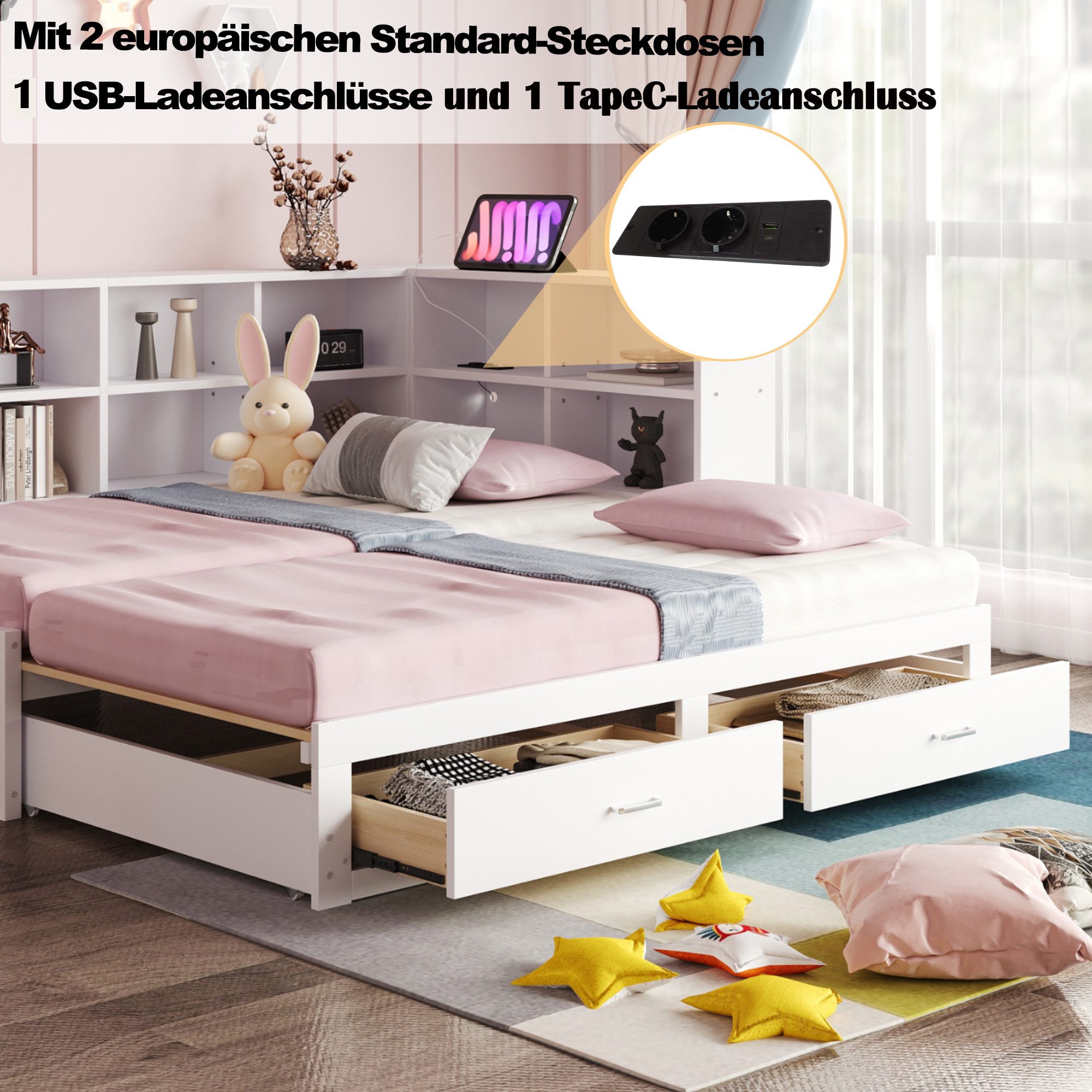 Merax Daybett 90/180x190cm mit USB-Steckdose (1 tlg), Ausziehbares Schlafsofa Kinderbett mit Ablagefächern und 2 Schubladen – Bild 4 von 5