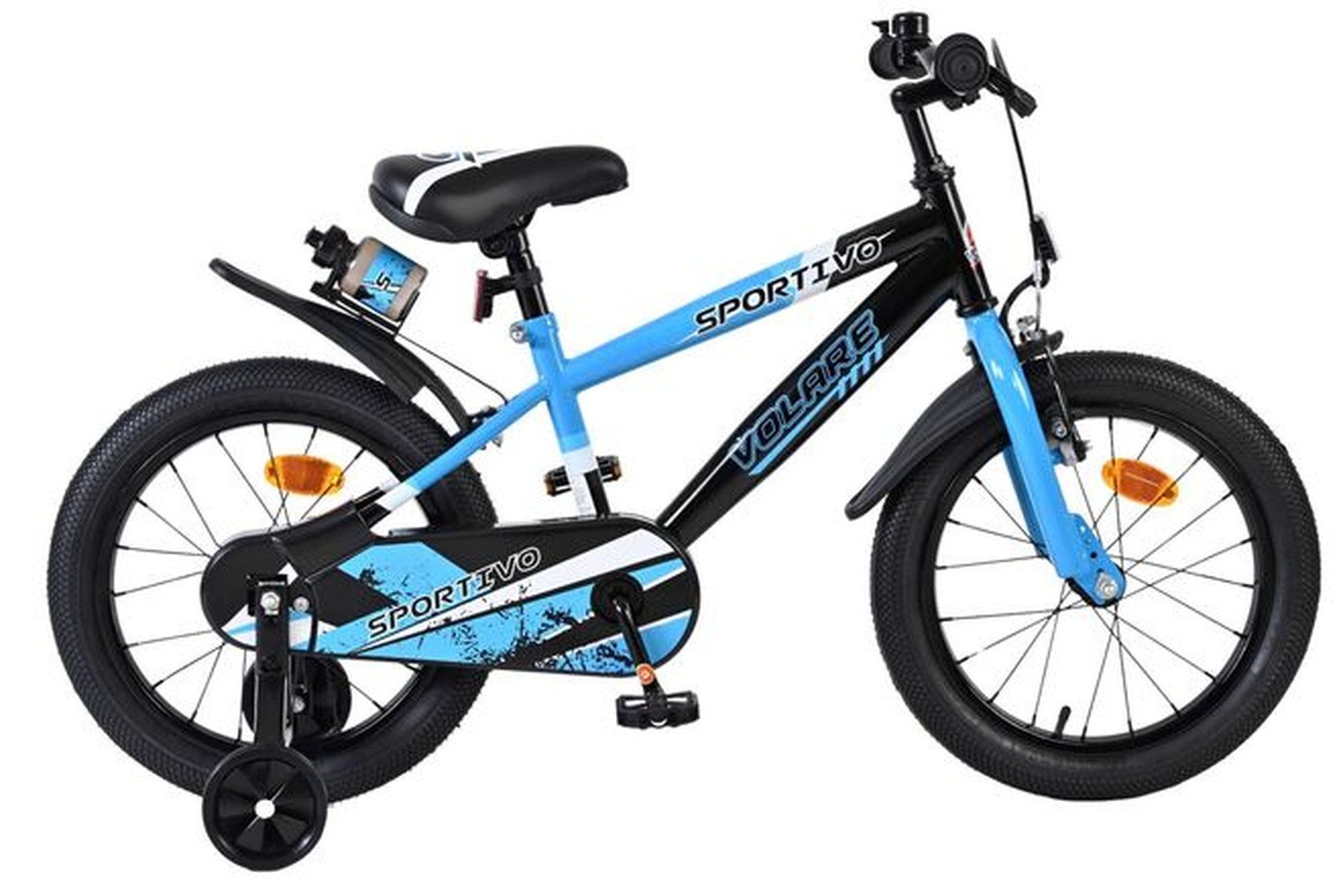 Volare Kinderfahrrad Sportivo Kinderfahrrad - Jungen - 16 Zoll - Blau Schwarz, Handbremse und Rücktrittbremse, abnehmbare Stützräder, Luftreifen