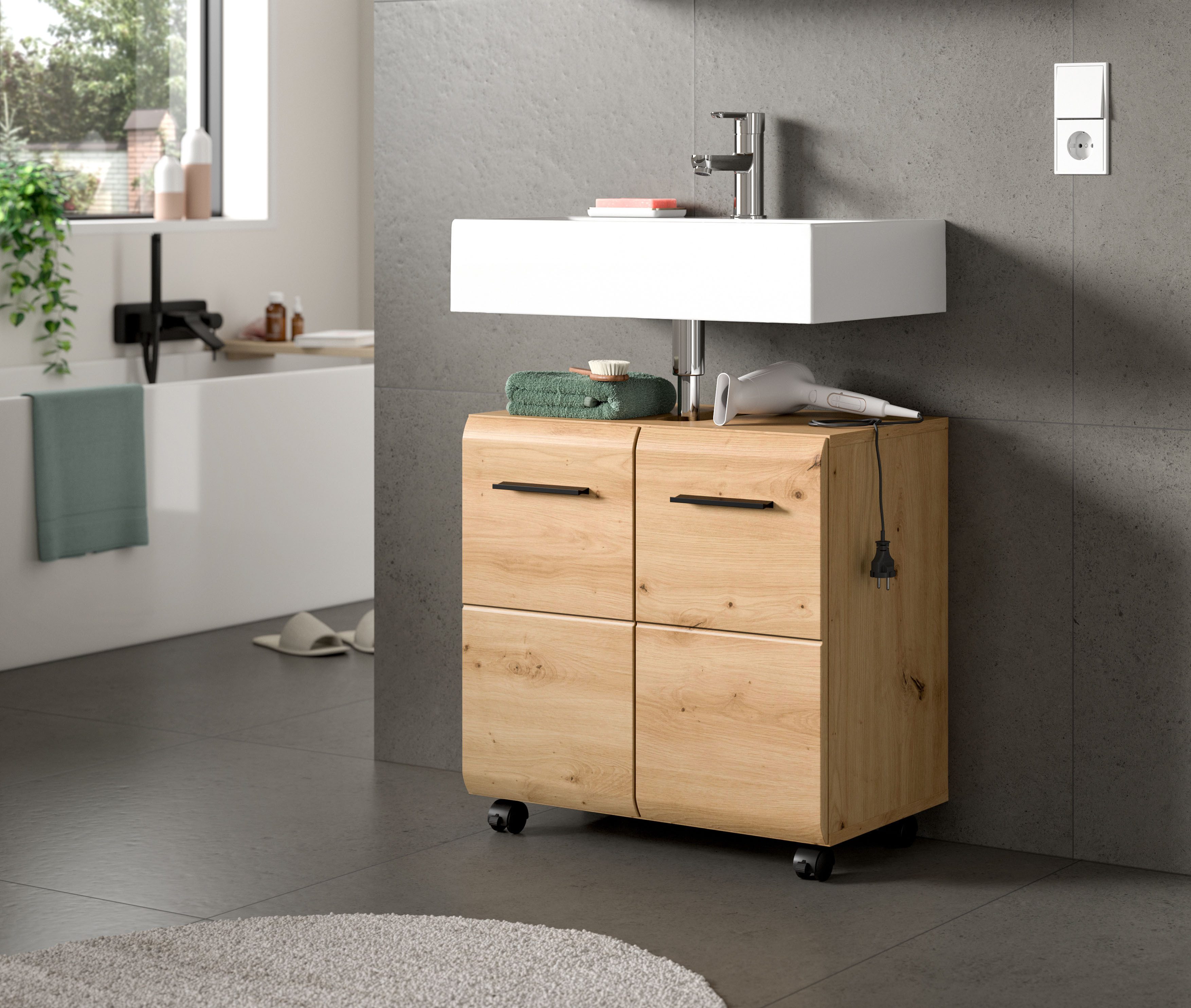 welltime Waschbeckenunterschrank FLORENZ, Breite 60cm, inkl. Siphonausschnitt, mit Türen oder Schüben (TOPSELLER) hochwertige MDF Front, Griff schwarz, Badschrank, Bad