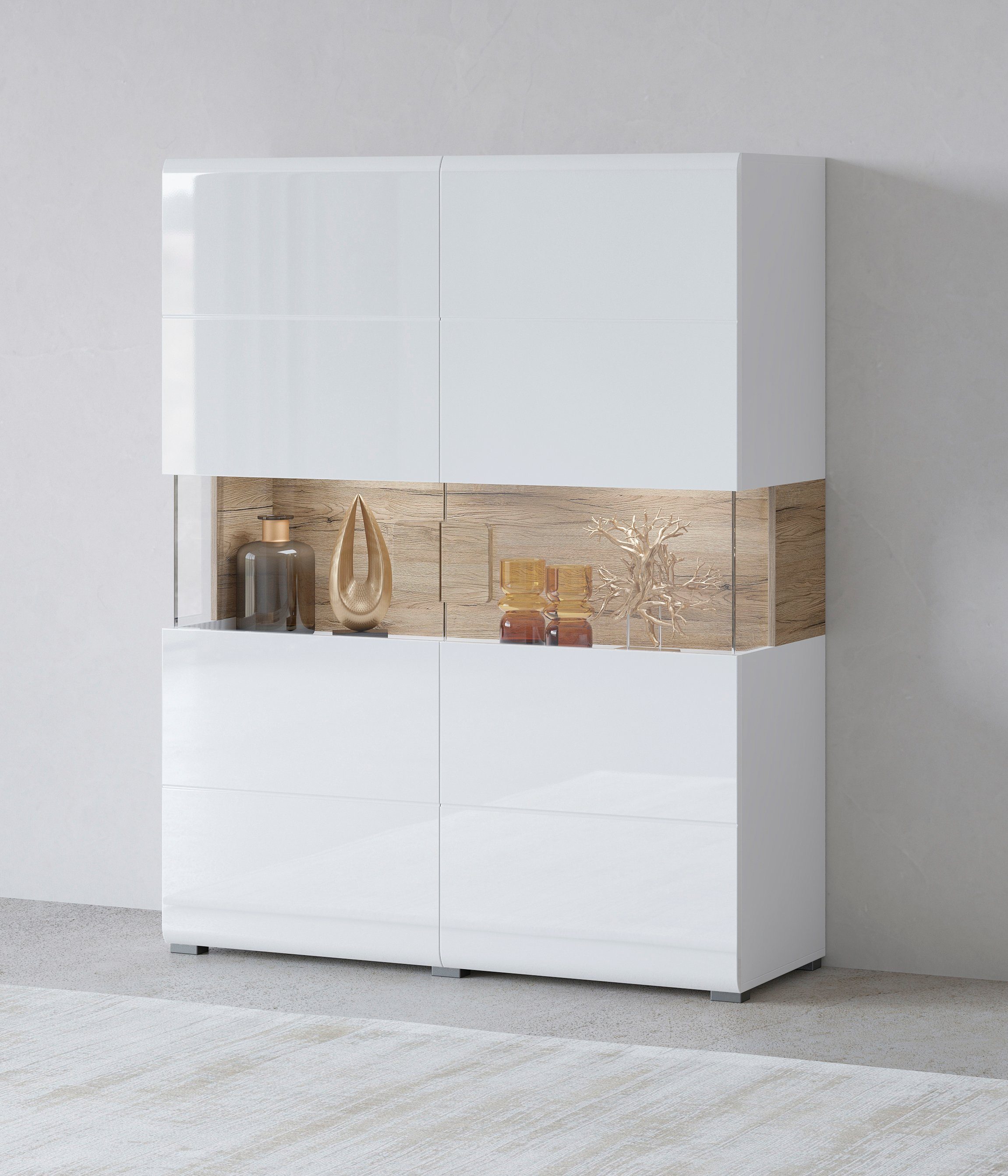 INOSIGN Highboard Toledo,Breite 121,5 cm, trendige Hochkommode mit 2 Двері, Hochschrank mit Glas-Partien,stylische Hochglanzfronten