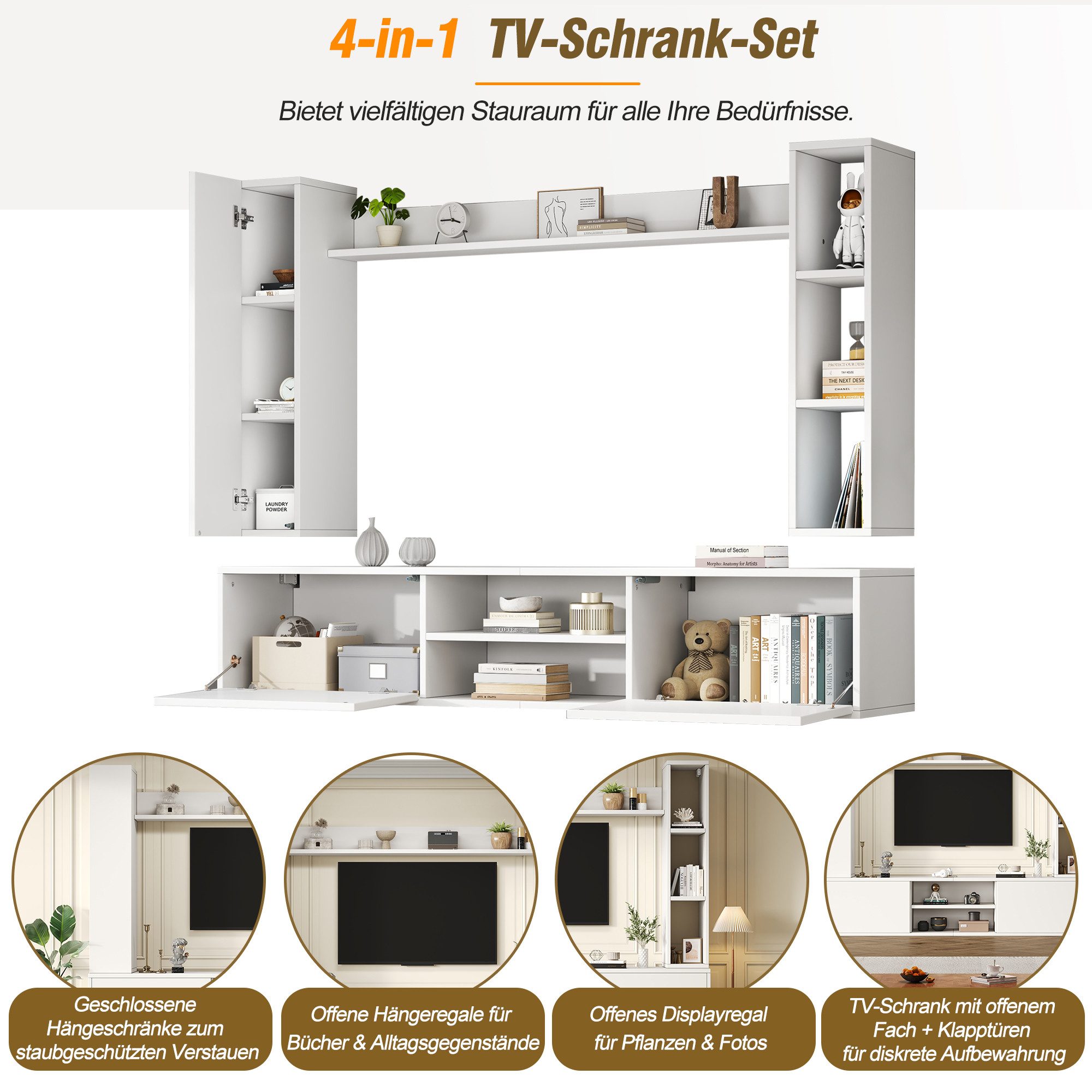 Odikalo Wohnwand Mediawand inkl.TV-Board,Standregal,2 Wandregal, (180x35x33.5cm TV Wohnwand-set mit Vitrinen (Komplett-Set, 4-St),TV Wohnzimmermöbel-Set,TV-Schr – Bild 4 von 5