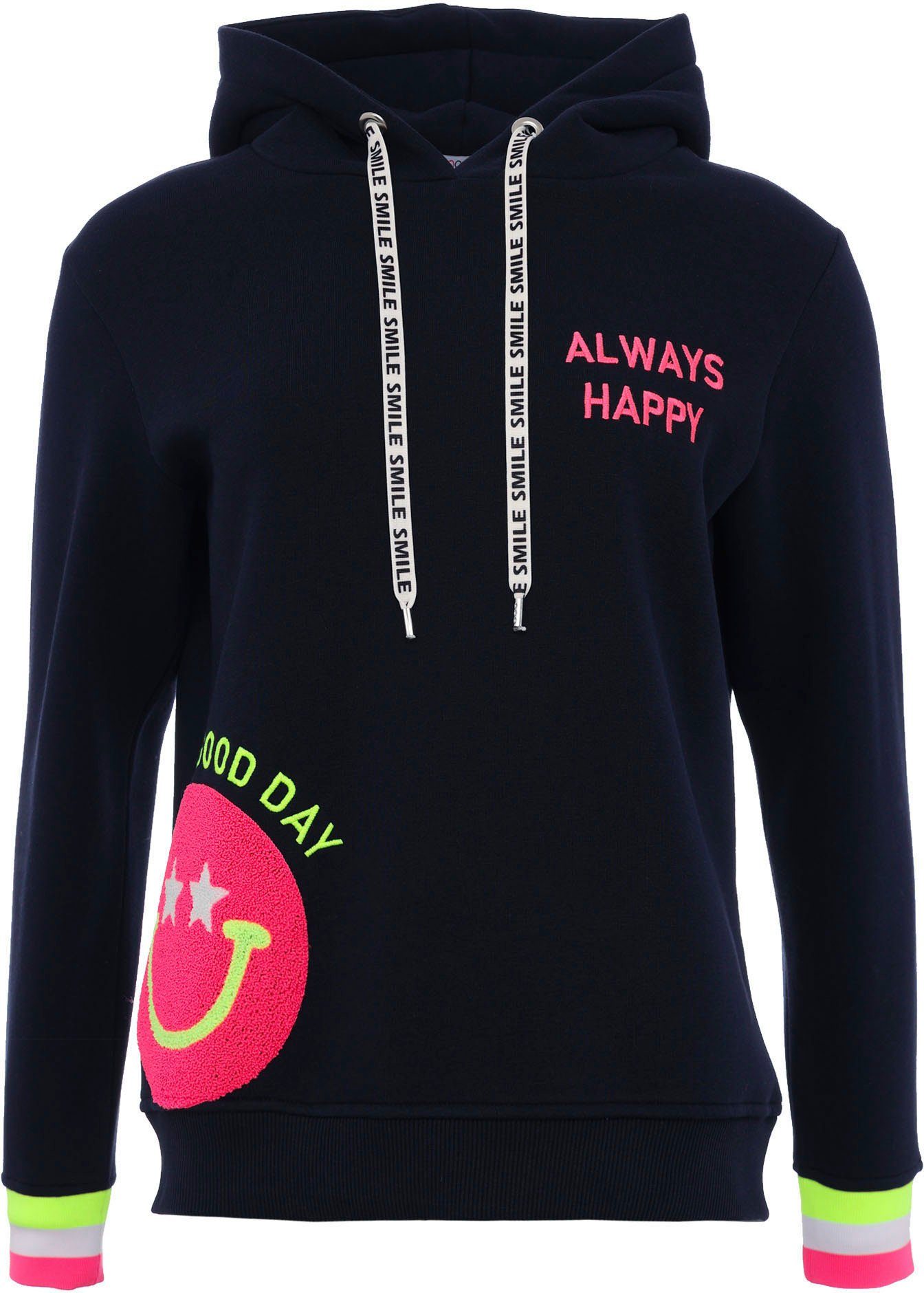Zwillingsherz Hoodie "Always Happy" Smiley aus Frottee, Neon-Details, Kapuze, Langarm – Bild 2 von 5