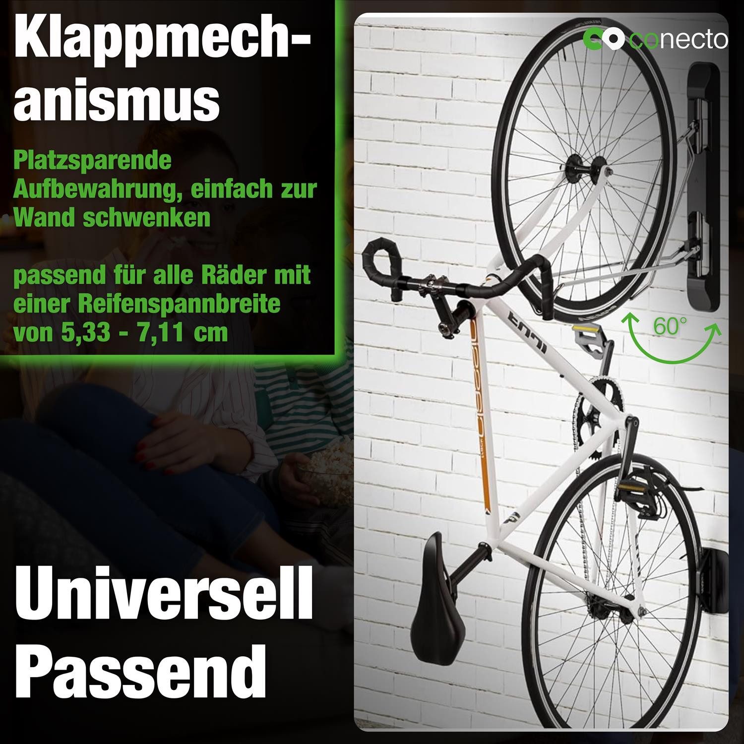 conecto bicycle wall mount, swiveling wall hanger, suitable for various bicycle types