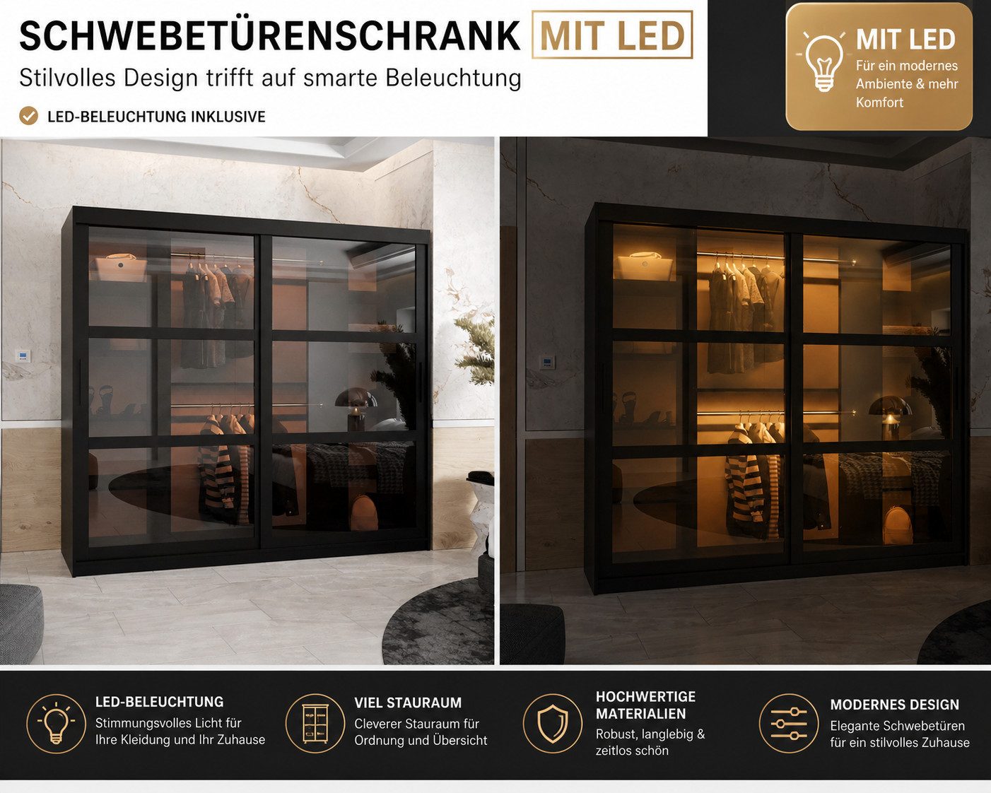 MOEBLO Schiebetürenschrank DEMO mit LED (Kleiderschrank Schwebetürenschrank 2-türig Schrank mit vielen Einlegeböden und Kleiderstange mit LED Gaderobe Schiebtür – Bild 4 von 5