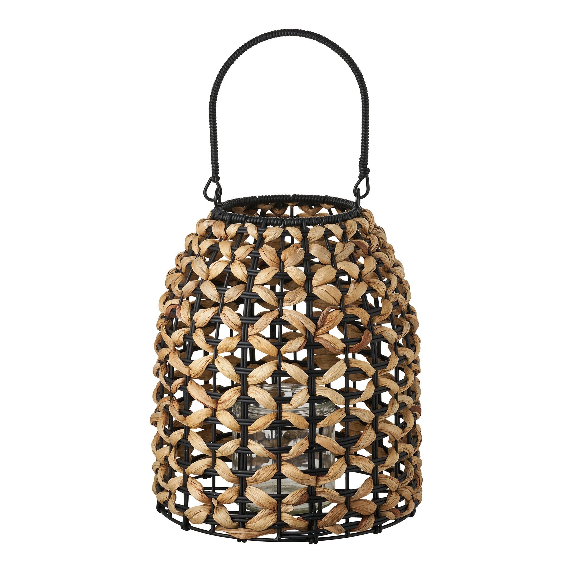 tinkaro LED Laterne Laterne Pinto aus Polyrattan und Wasserhyazinthe 24 x 24 x 28,5 cm, Windlicht aus Polyrattan und Wasserhyazinthe für Wohnbereiche