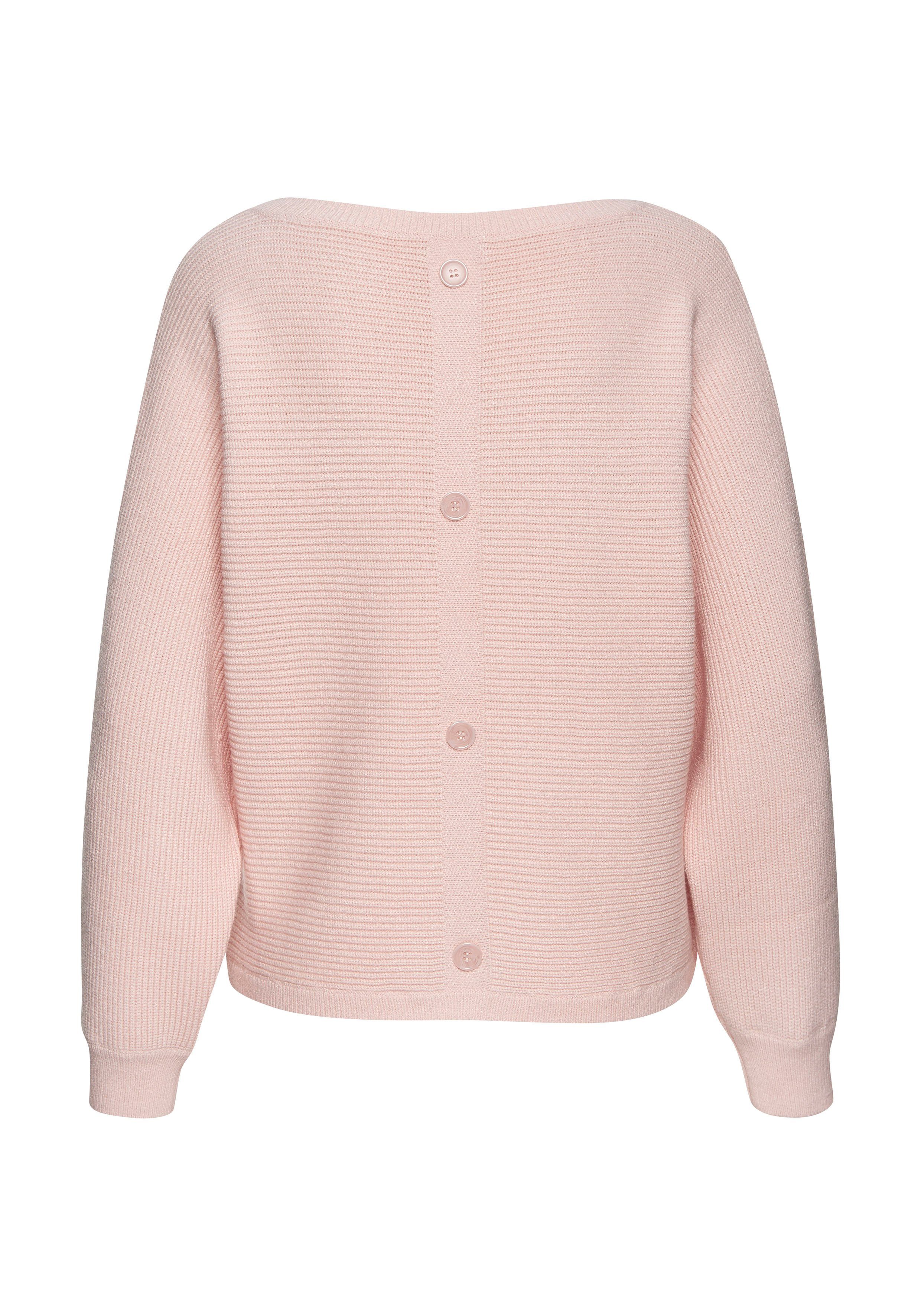 LASCANA Rundhalspullover aus Rippstrick mit Zierknöpfen am Rücken lässiger Fledermauspullover, lockerer Strickpullover, Oversize – Bild 4 von 5