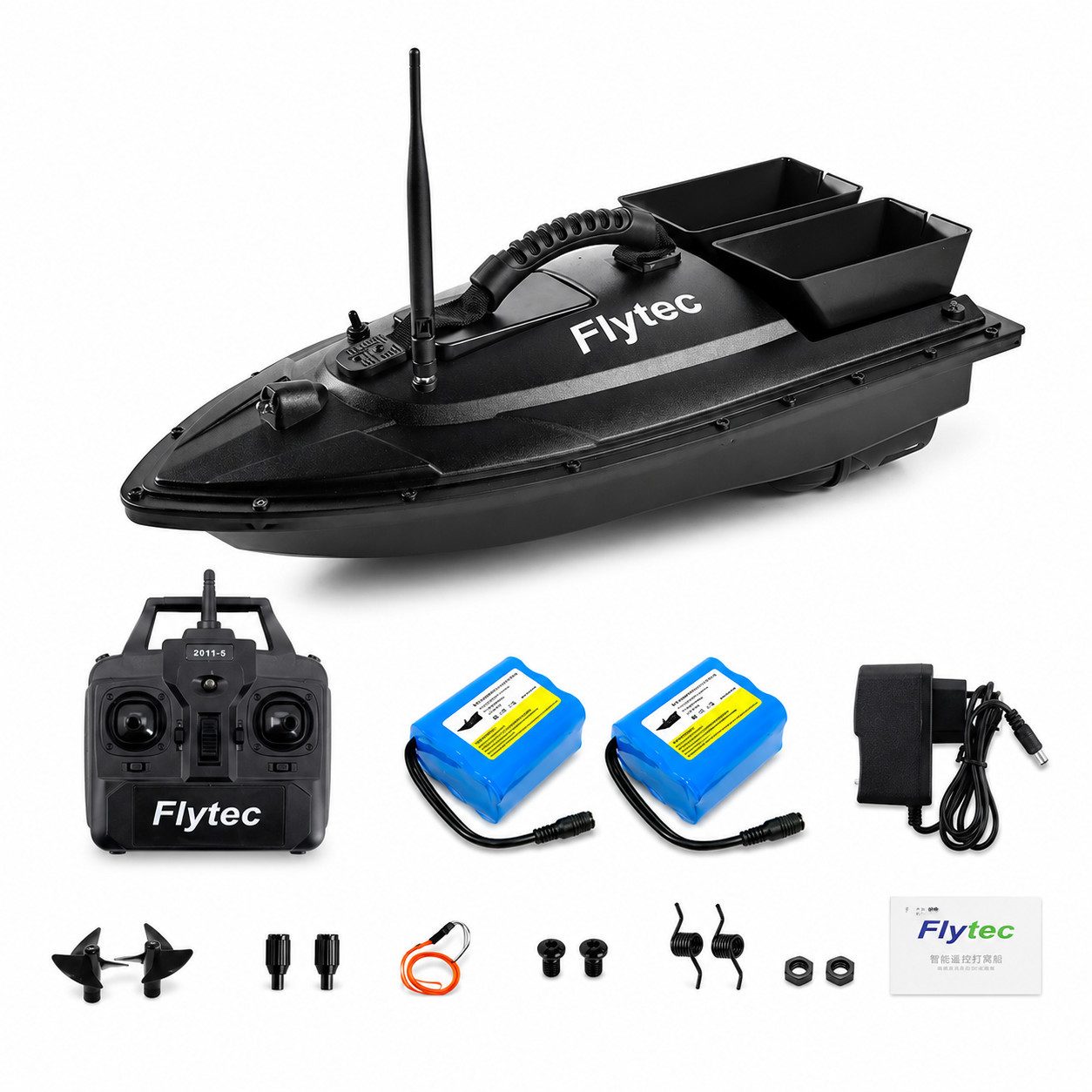 Lisabonde RC-Boot Futterboot Angelzubehör ferngesteuert 500m 1,5kg Zuladung 2 Akkus (Komplett-Set, Komplettset mit zwei Hochleistungsakkus und Transporttasche), 500m Reichweite, Zwei-Kammer-Fütterungssystem, 1,5kg Zuladung