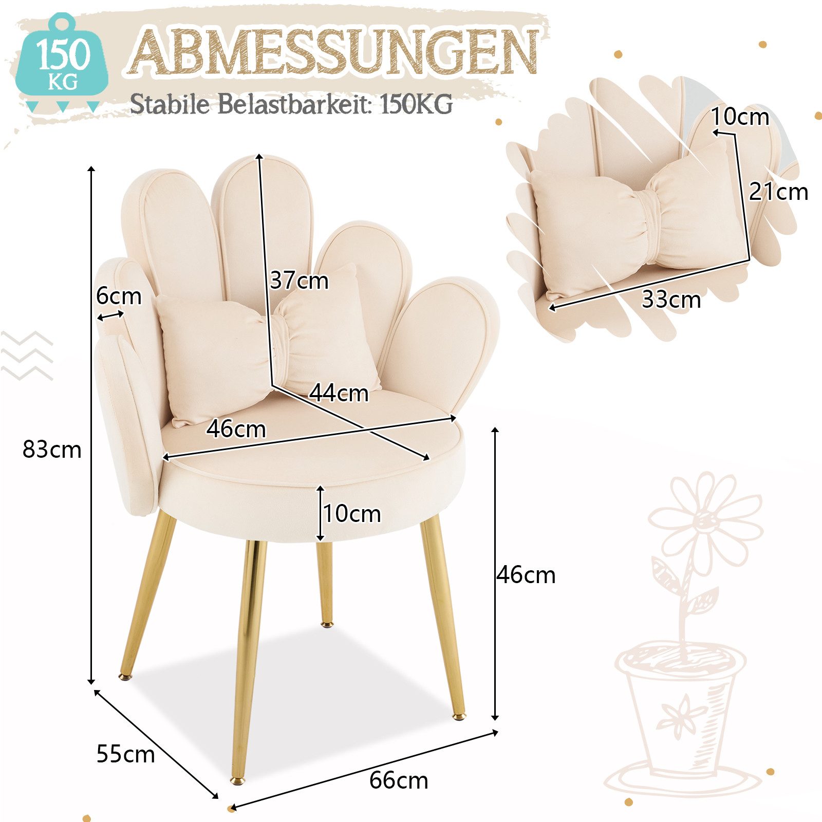 VINGLI Polsterstuhl mit Schleife Zierkissen, Schminktisch Stuhl, Monderne E günstig online kaufen