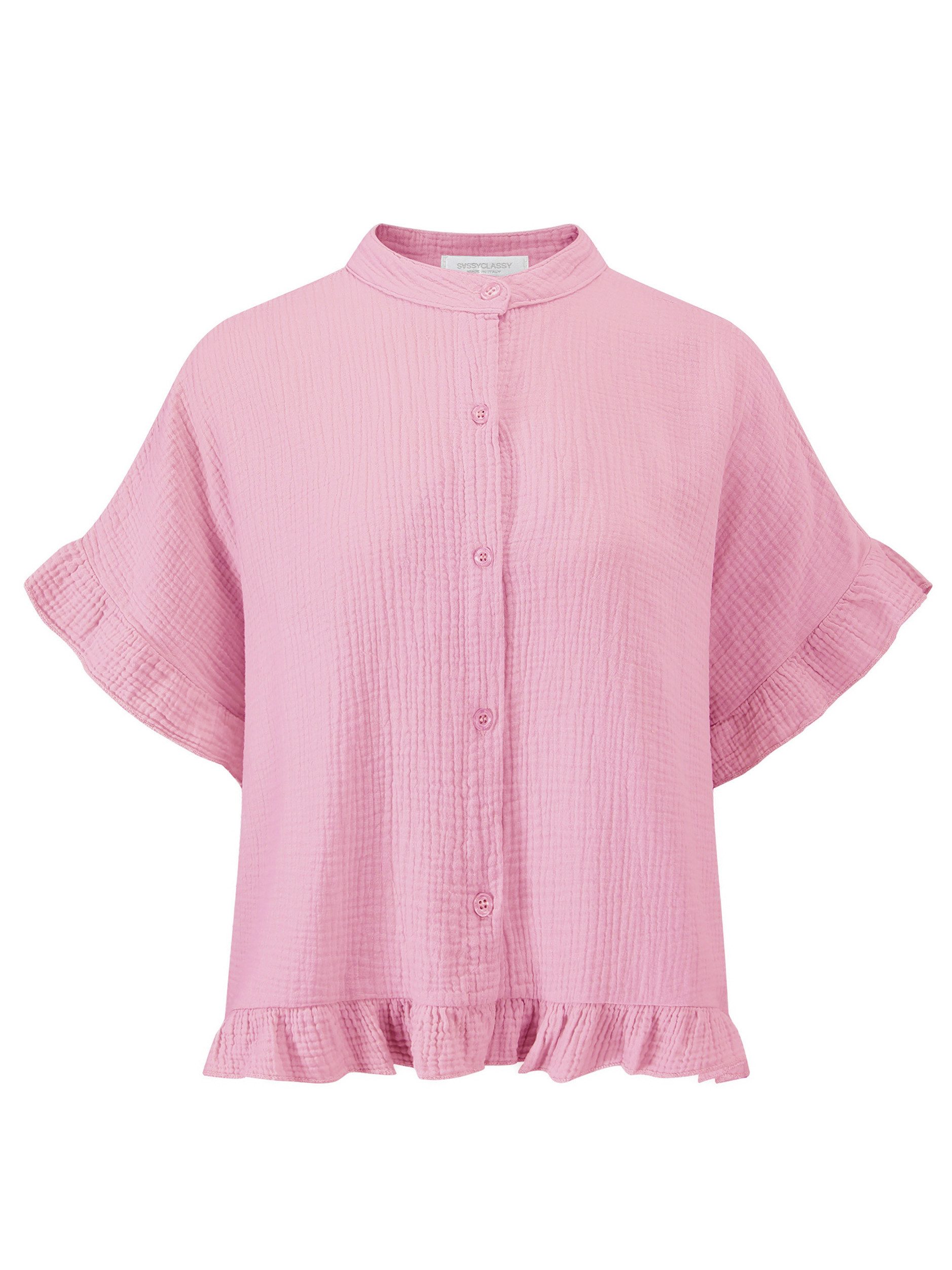Kurzarmbluse Oversize Musselin Hemdbluse Damen mit Rüschensaum