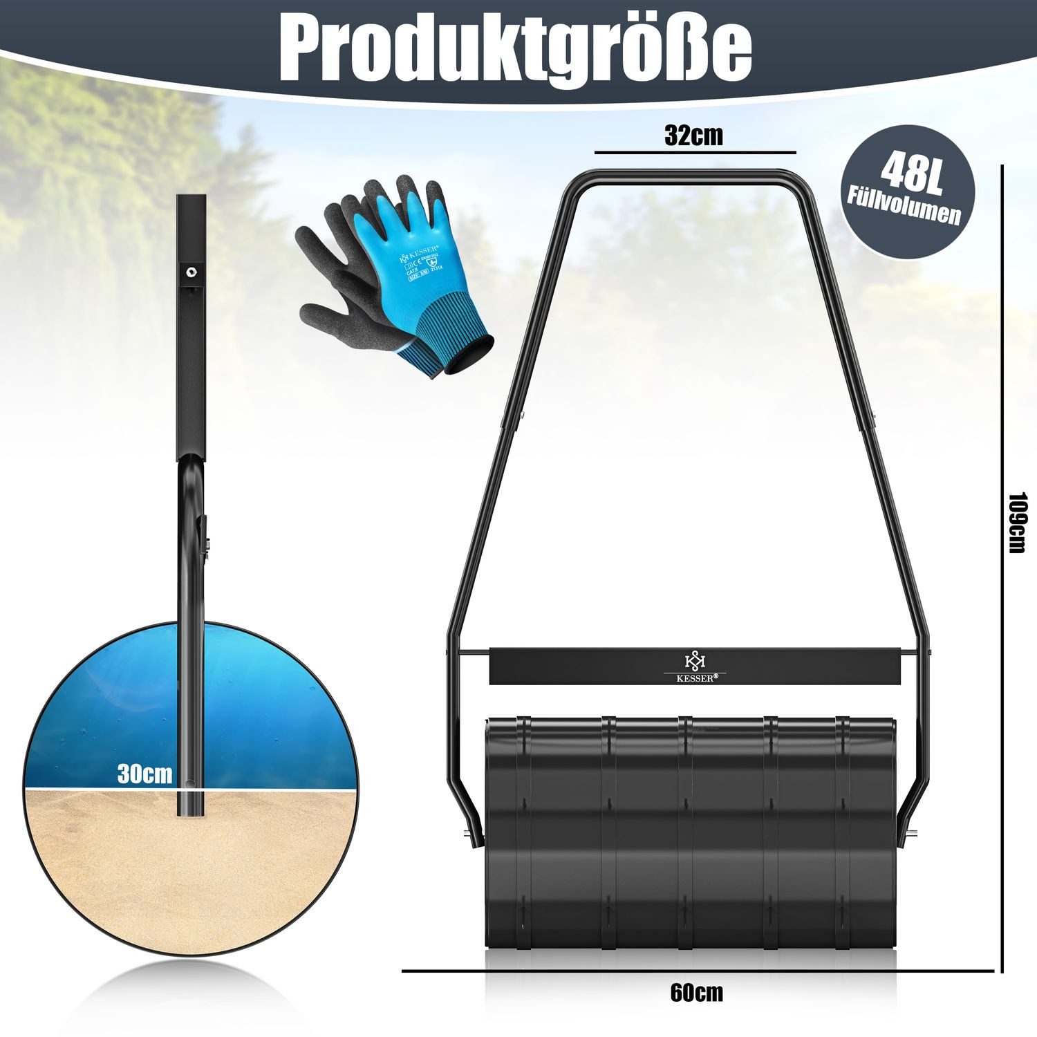 KESSER Rasenwalze Metall befüllbar mit Wasser oder Sand, Rasenroller inklusive 5X Spikes & Handschuhe,Gartenwalze mit 48 Liter Füllvolumen / 60 cm breit Handwalze