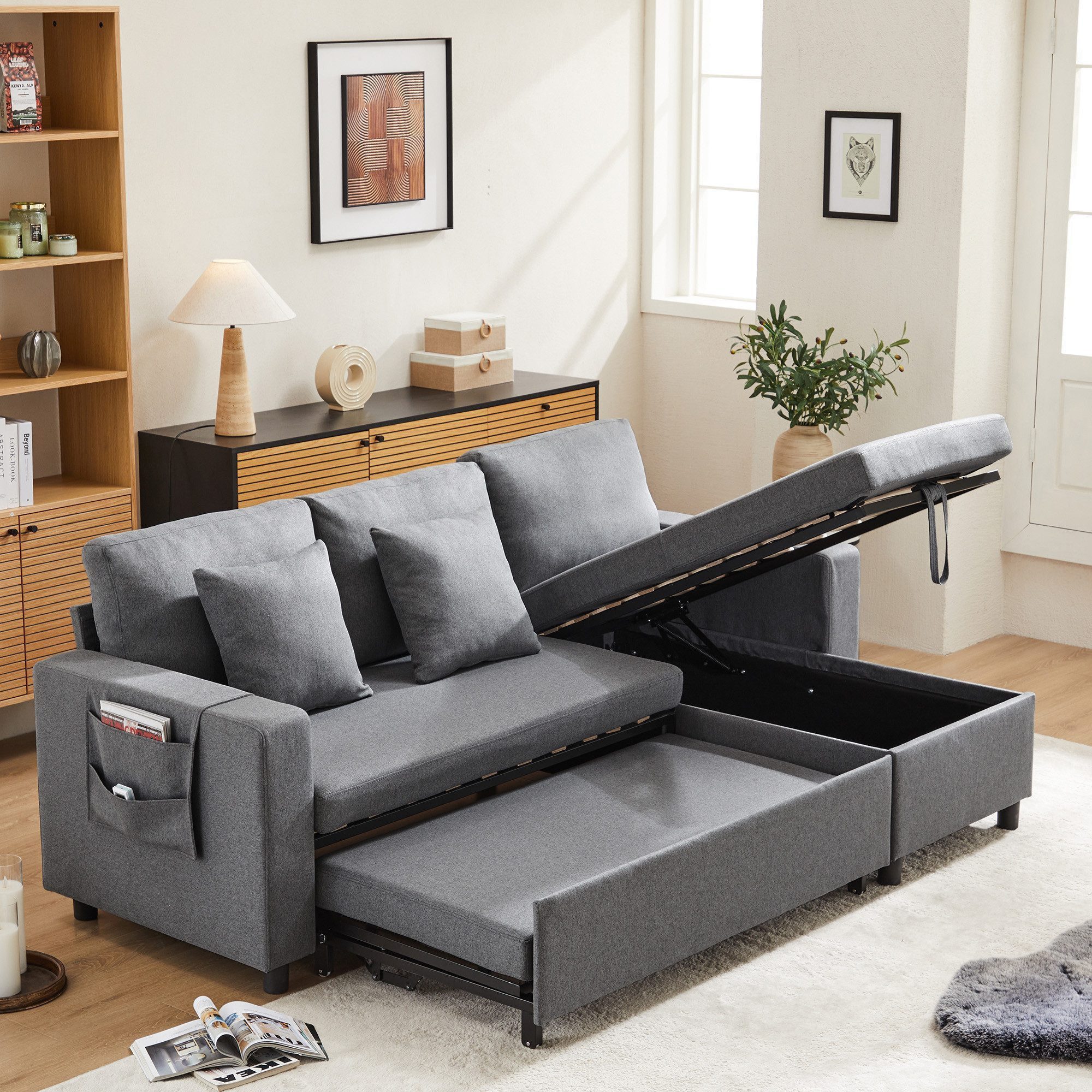 KLAM HOME 3-Sitzer Schlafsofa mit Seitentasche günstig online kaufen