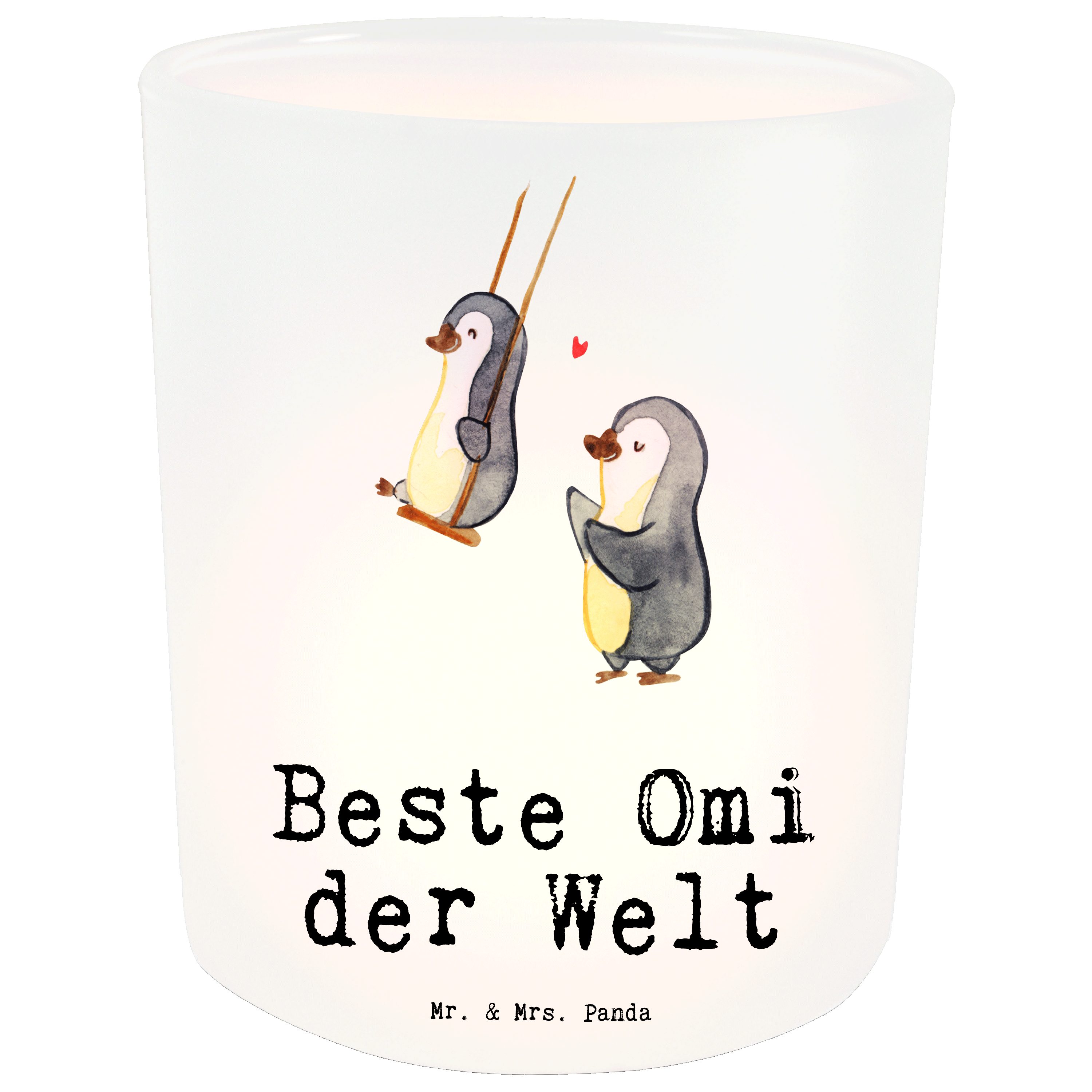 Mr. & Mrs. Panda Windlicht Pinguin Beste Omi der Welt - Transparent - Geschenk, Teelichtglas, En (1 St)