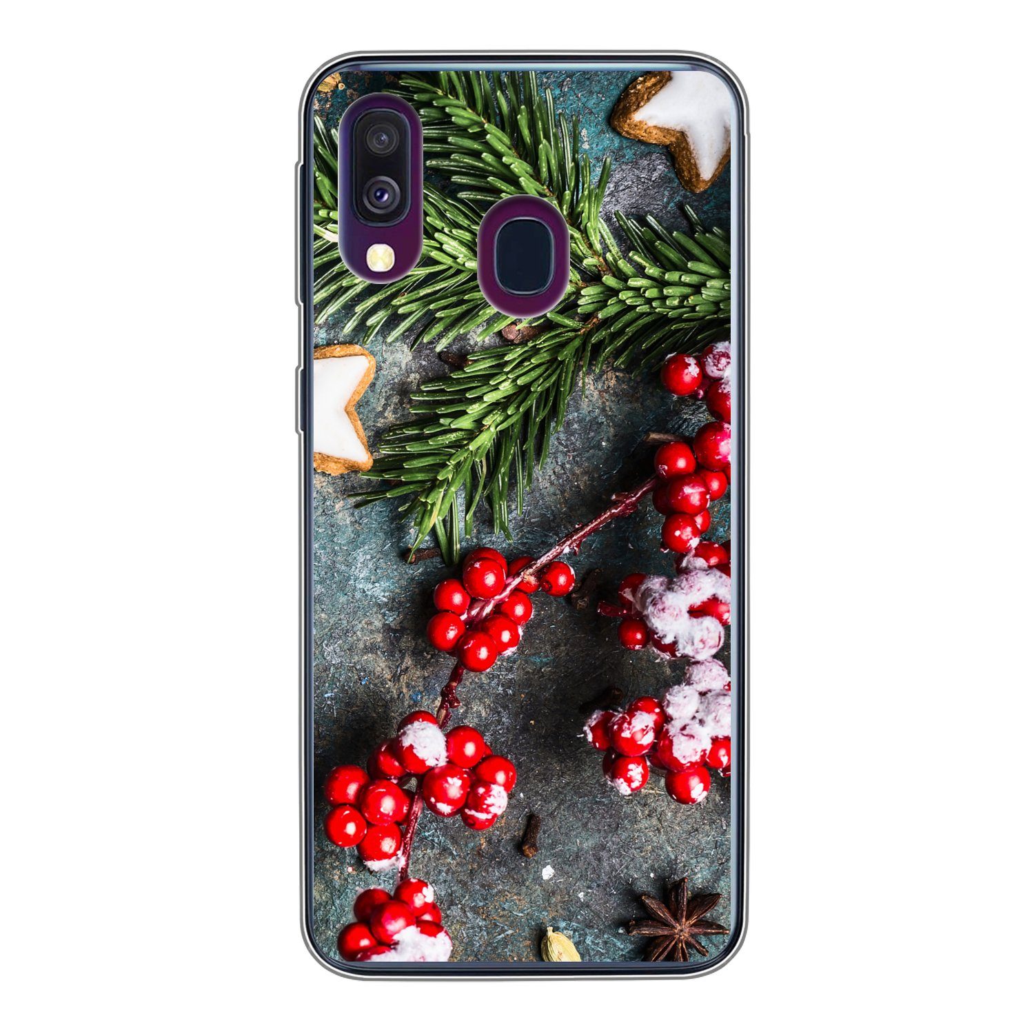 MuchoWow Handyhülle Weihnachten - Rustikal - Zweige - Sternanis - Beeren - Rot, Handyhülle Samsung Galaxy A40, Smartphone-Bumper, Print, Handy