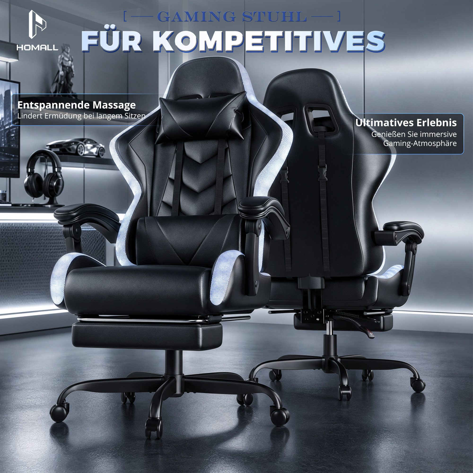 HOMALL Gaming-Stuhl mit LED,Ergonomisch,Fußstütze,computerstuhl,gaming stuhl mit massage (Die LED-Beleuchtung ist einstellbar, das Massagekissen für den Rücken ist beweglich), Ergonomischer Bürostuhl,Kopfstütze und Lendenstütze