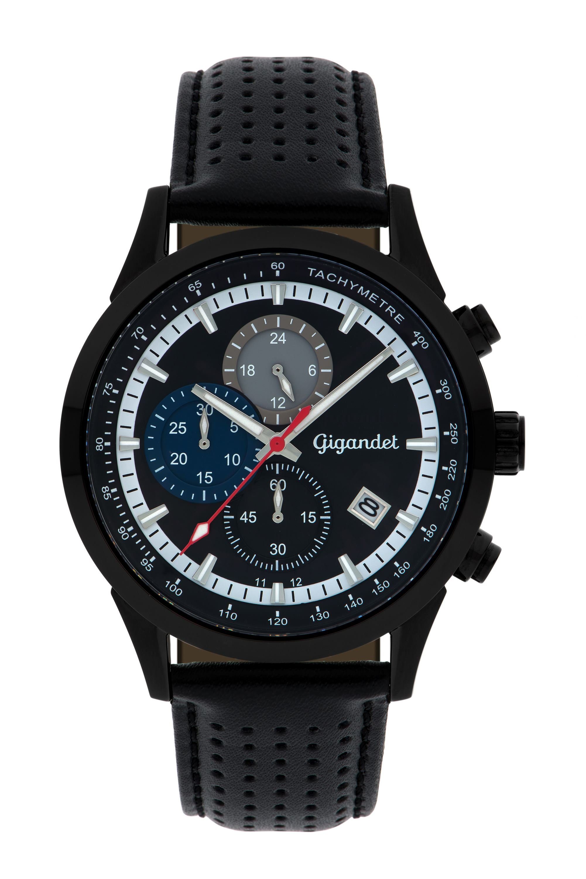 Gigandet Chronograph Armbanduhr, Herrenuhr, 24-Std. Anzeige, 43mm, COMPETITION G17-003, Mineralglas, Datumsanzeige, Lederband, 10bar/100m wasserdicht