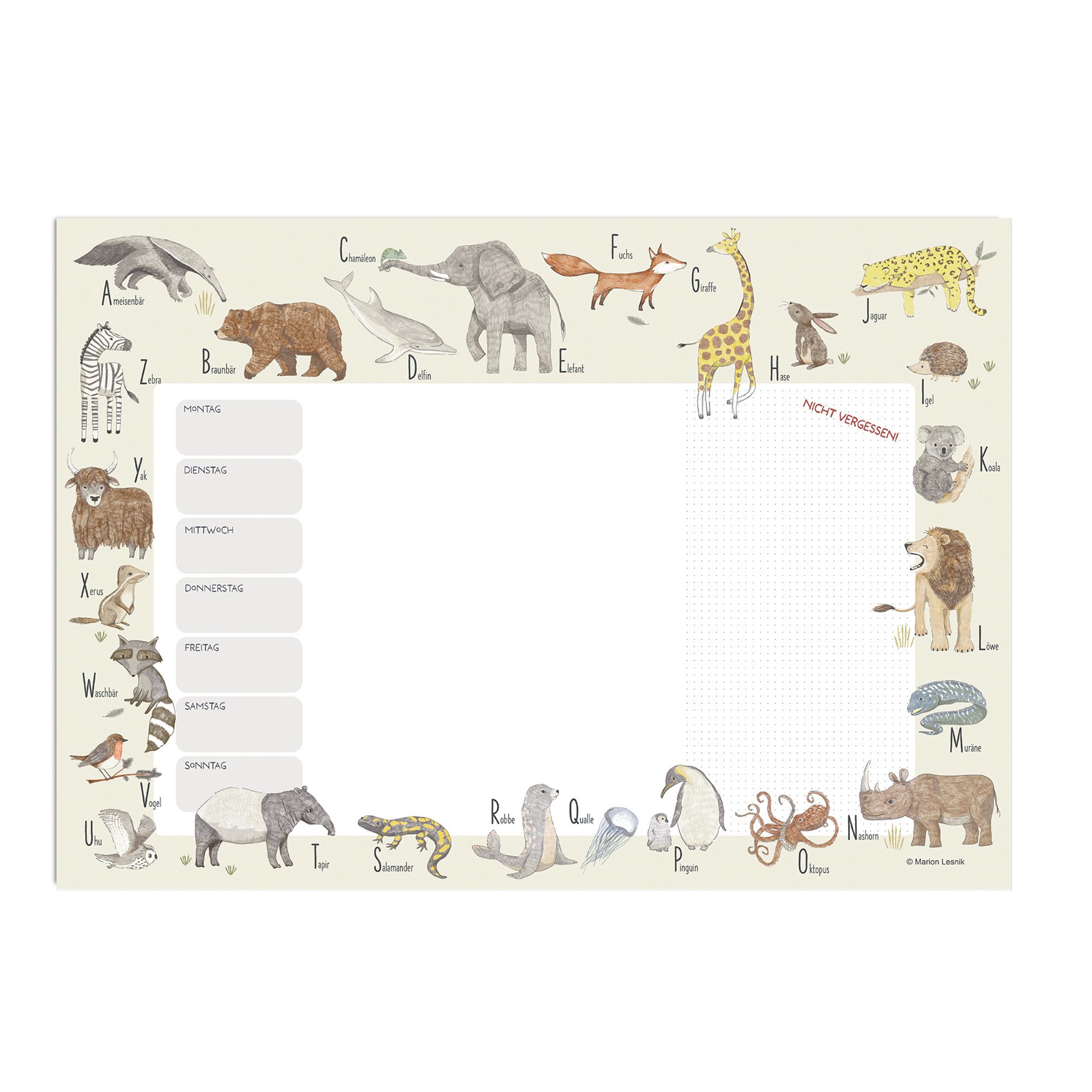 scriptum Schreibtischunterlage für Kinder - „Tiere ABC“ - Wochenplaner 25 Blatt aus Premiumpapier, (1 tlg., 25 Bett hochwertiges Premiumpapier)