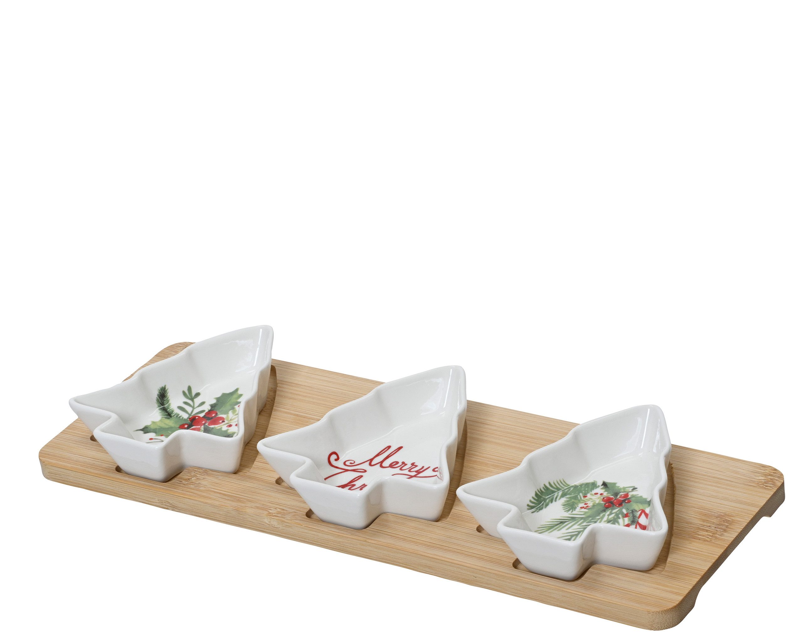 Kaemingk Servierschale, Keramik, Servierschalen in Tannenbaum Form mit Holztablett 33x12cm Porzellan