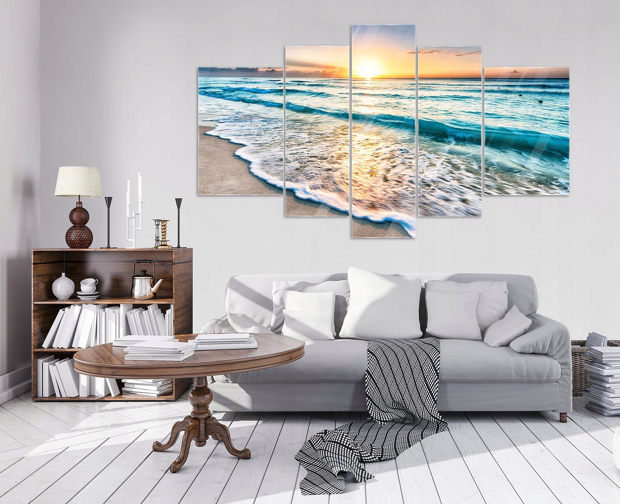 Wallarena Glasbild Strand Meer, Modern Glasbilder teilig), 5 Glasbilder Wandbilder, Premium (Set Schlafzimmer, Auf Glas Bild