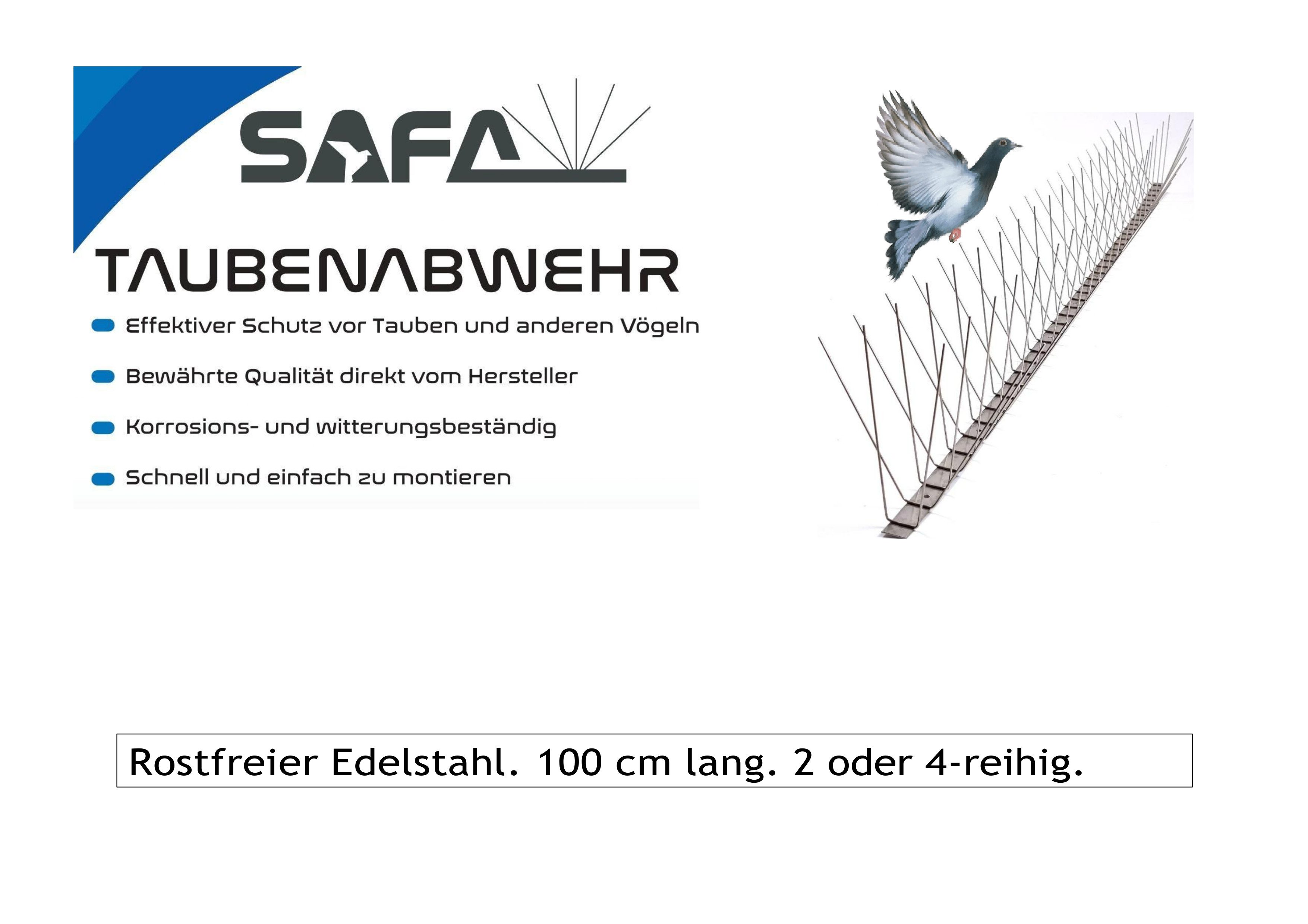 SAFA Taubenspikes Taubenabwehr aus rostfreiem Edelstahl, 1 meter lang, 2/4-reihig, Für die Montage auf Stein, Beton, Metall, Holz, Glas, geeignet.