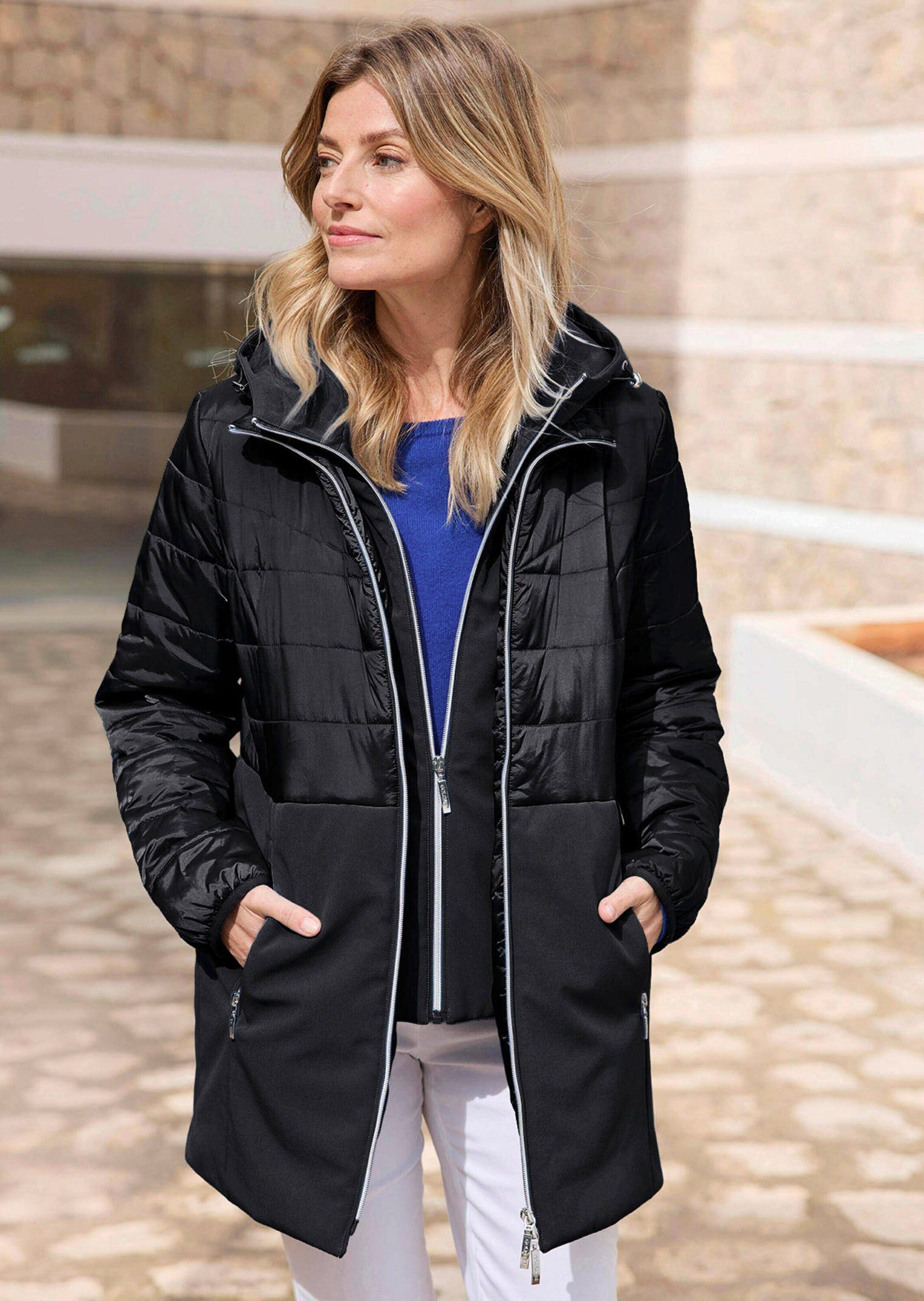 GOLDNER Kurzmantel Kurzgröße: Wintermantel mit Softshell-Einsatz Kapuzenjacke mit 2-Wege-Reißverschluss, Taschen und Langarm