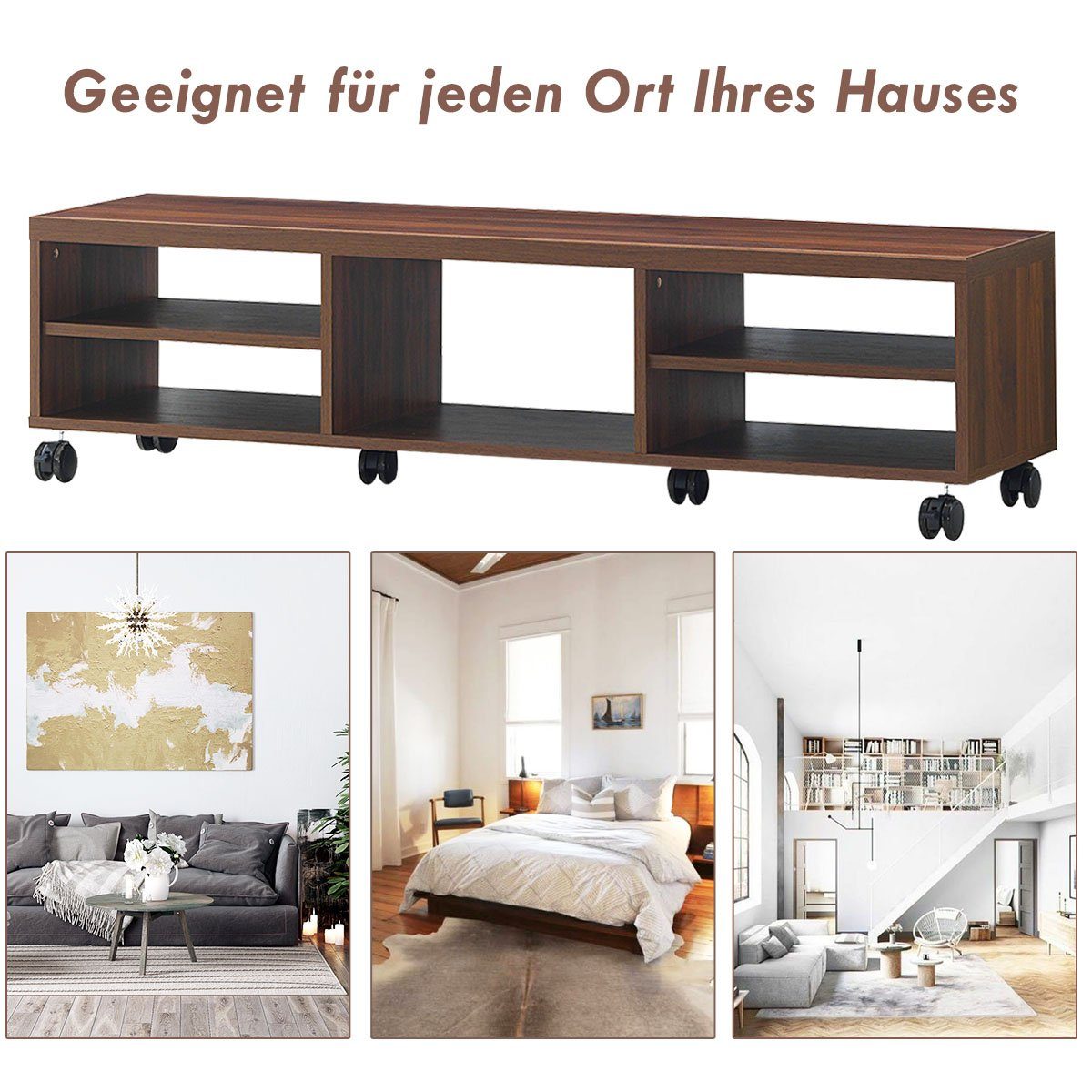 Fächern, offenen x mit x TV-Schrank Braun 32 Rädern, 5 COSTWAY 150 mit 40cm