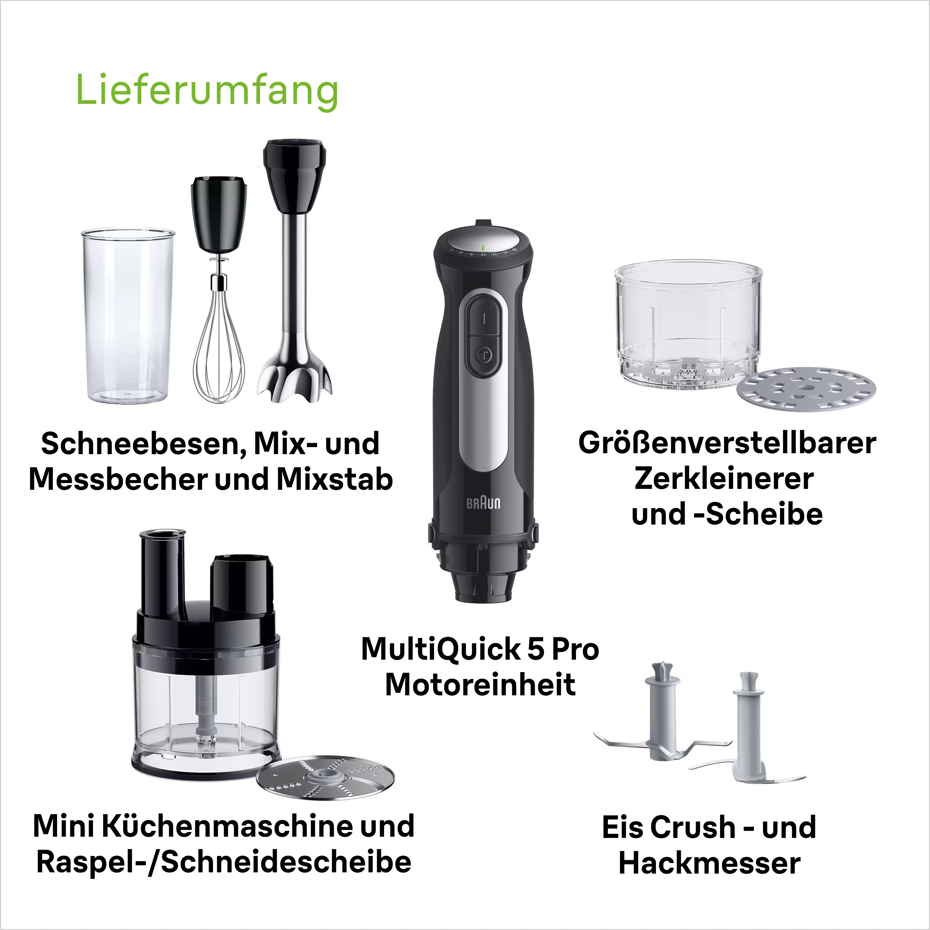 Braun Stabmixer MultiQuick 5 Pro MQ 55755 M - 1000W, 25 Einstellungen, Küchenmaschine, 1000 W, Spritzschutz, 500 ml Mini Küchenmaschine + Zubehör, Extra Mahlkli – Bild 5 von 5