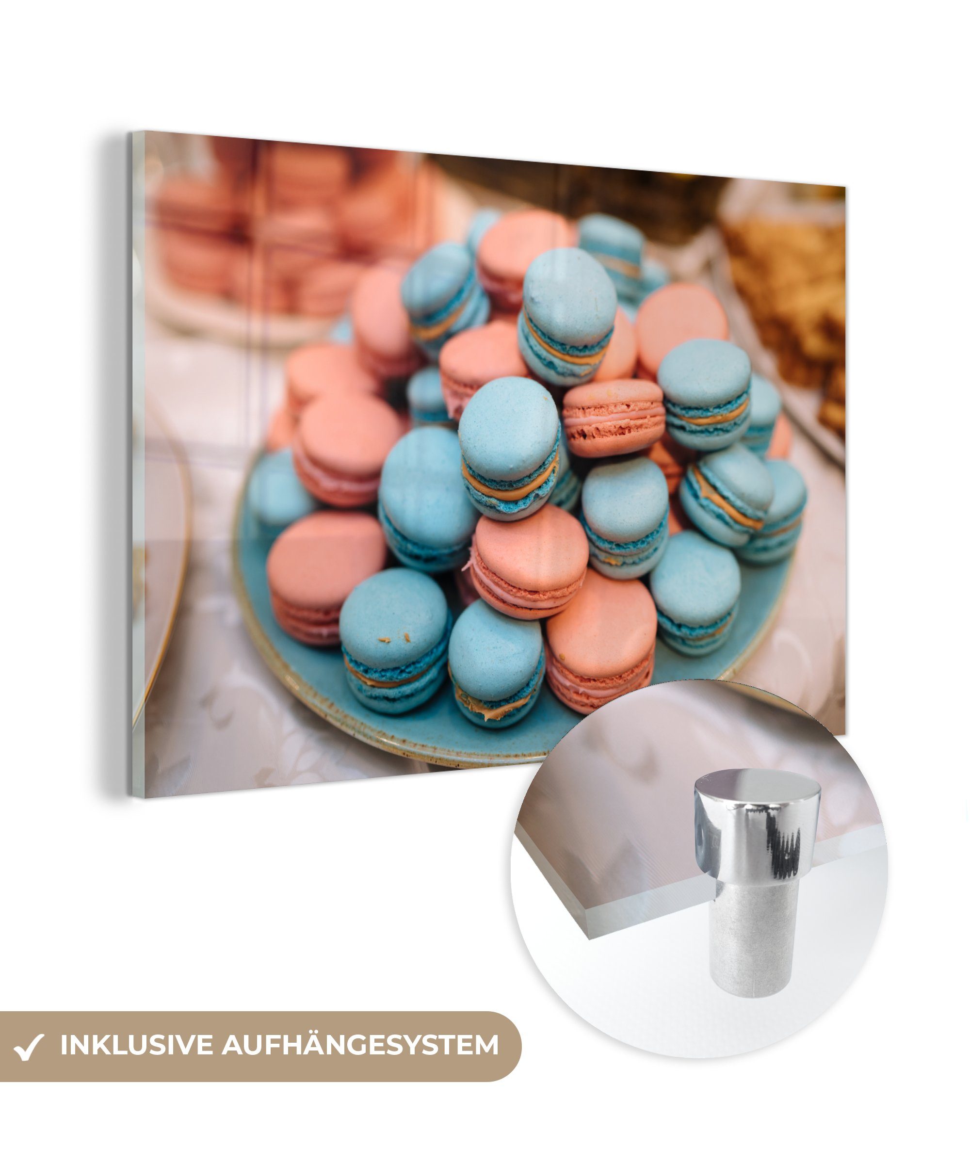 MuchoWow Acrylglasbild Blaue und rosa Makronen auf dem Tisch, (1 St), Acrylglasbilder Wohnzimmer & Schlafzimmer | Bilder