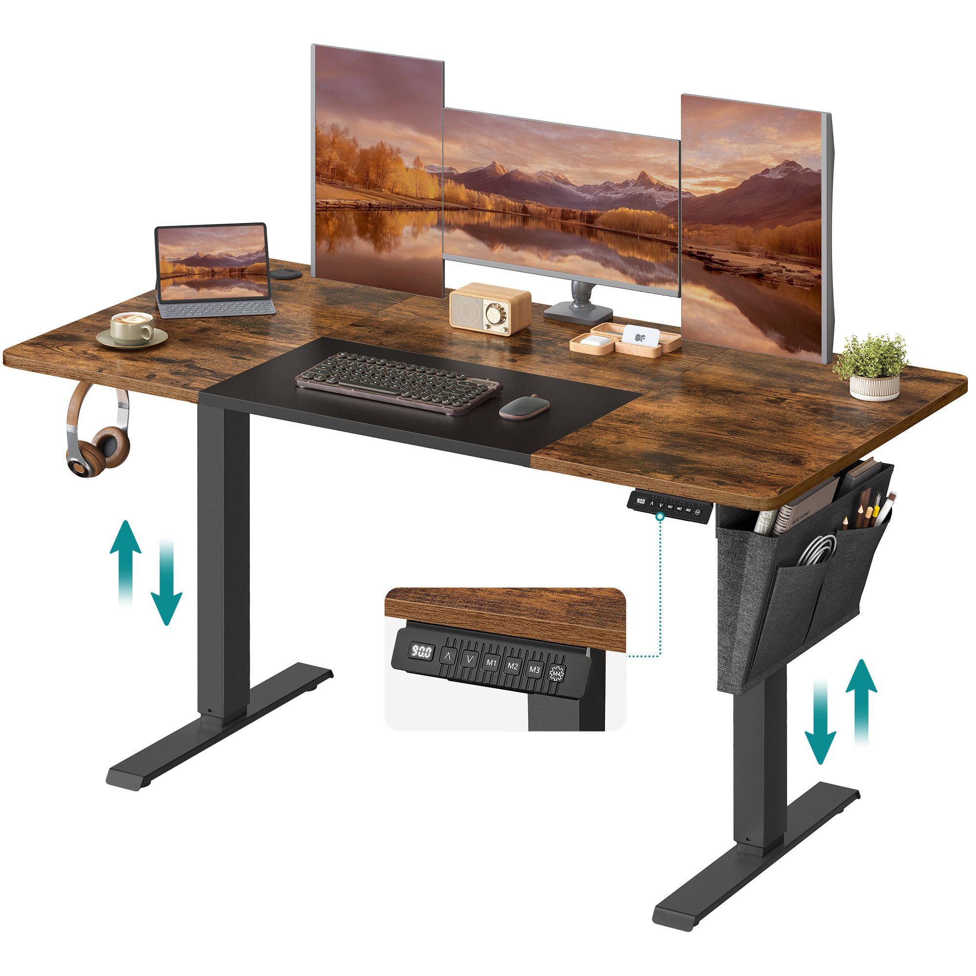 SONGMICS Schreibtisch Höhenverstellbarer elektrisch, USB-C-Anschluss (mit Stoff- Organizer), stufenlos verstellbar, Memory-Funktion mit 4 Höhen, 120/140/160/180 cm