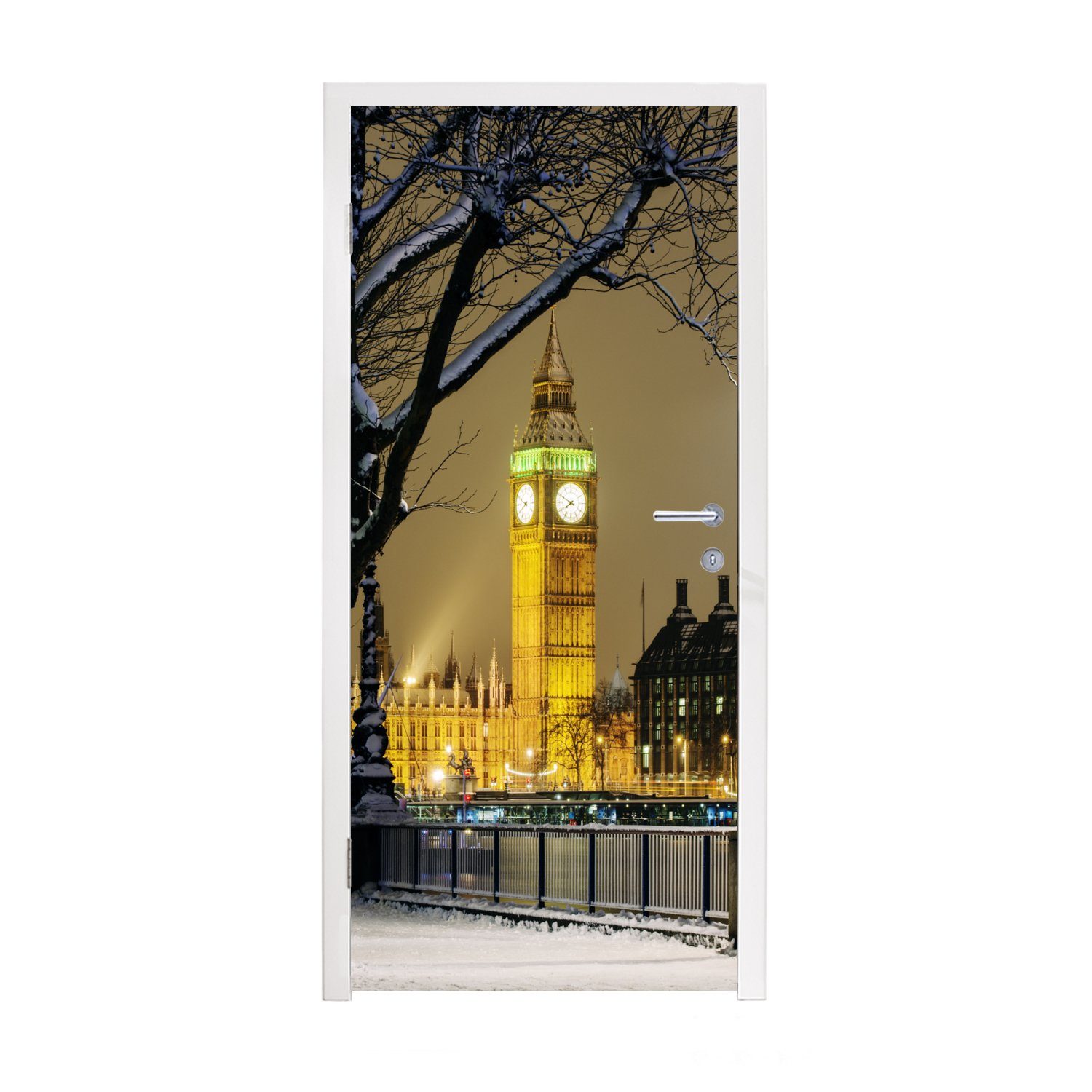 MuchoWow Türtapete Winter - Big Ben - London, Matt, bedruckt, (1 St), Fototapete für Tür, Türaufkleber, 75x205 cm